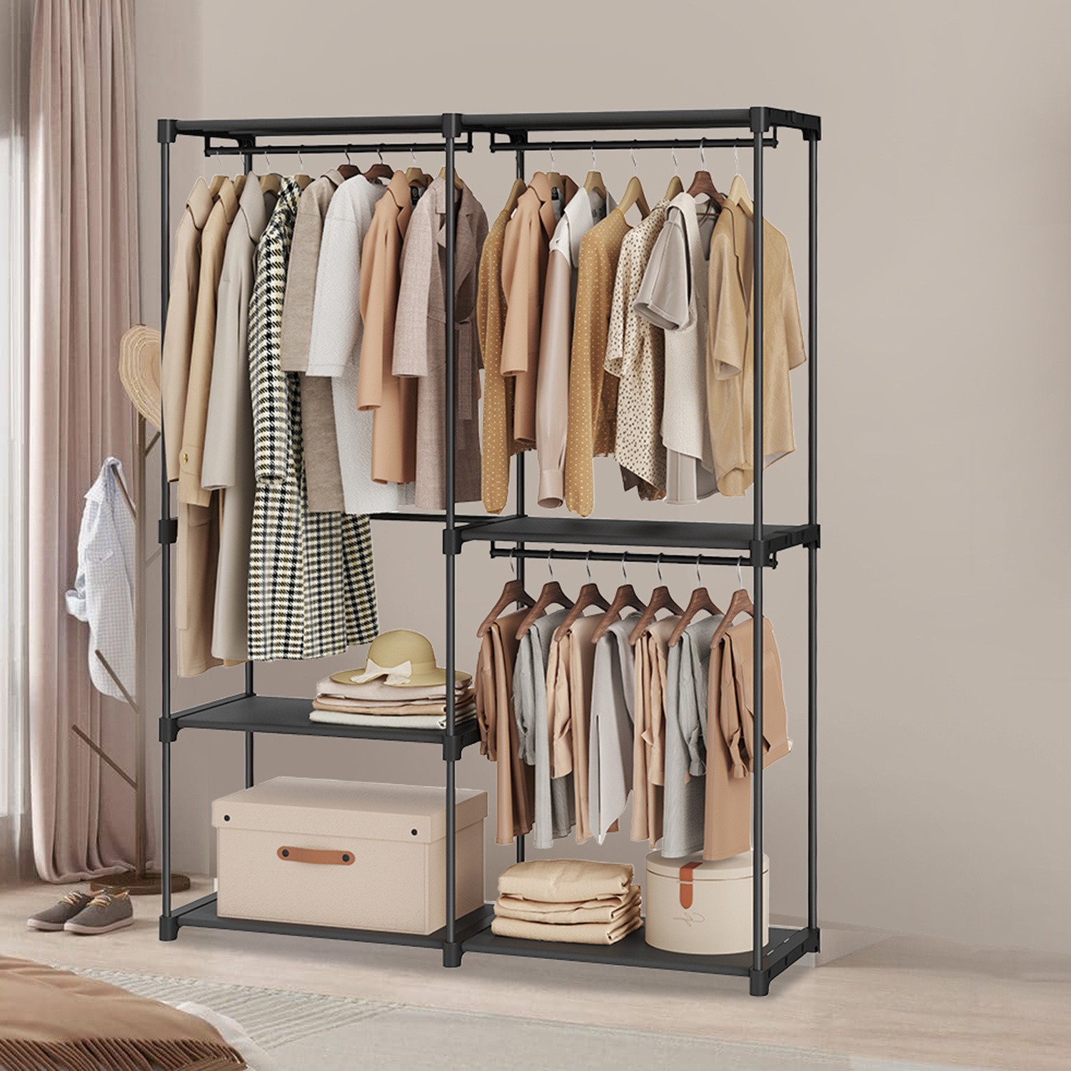 E-shop Kleiderschrank offen, Kleiderständer, Kleiderstange, Garderobe, 3 Hängefächer, 138 x 182 cm