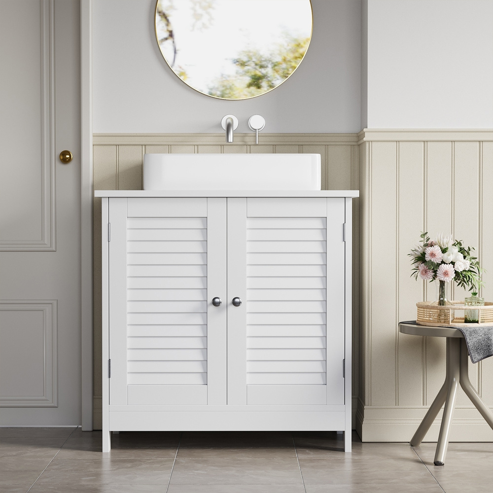Image of Sink Cabinet, Bathroom Cabinet, Storage Cabinet, With 2 Slatted Doors, Adjustable Shelf Level, White