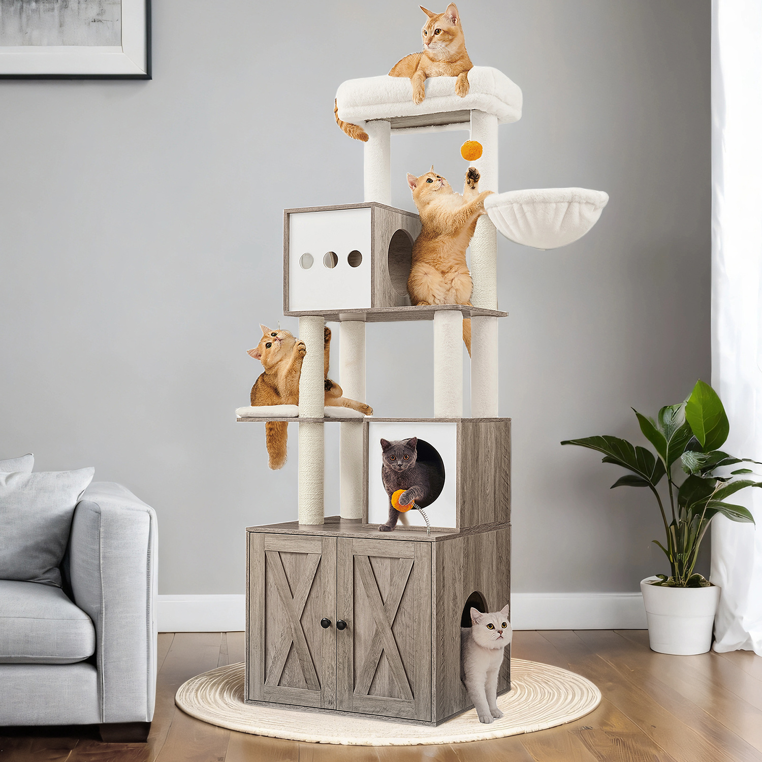 E-shop Kratzbaum hoch, Katzenbaum mit Katzenklo-Schrank, Katzenkratzbaum, Kratzsäule, Plattform, waschbares Kissen