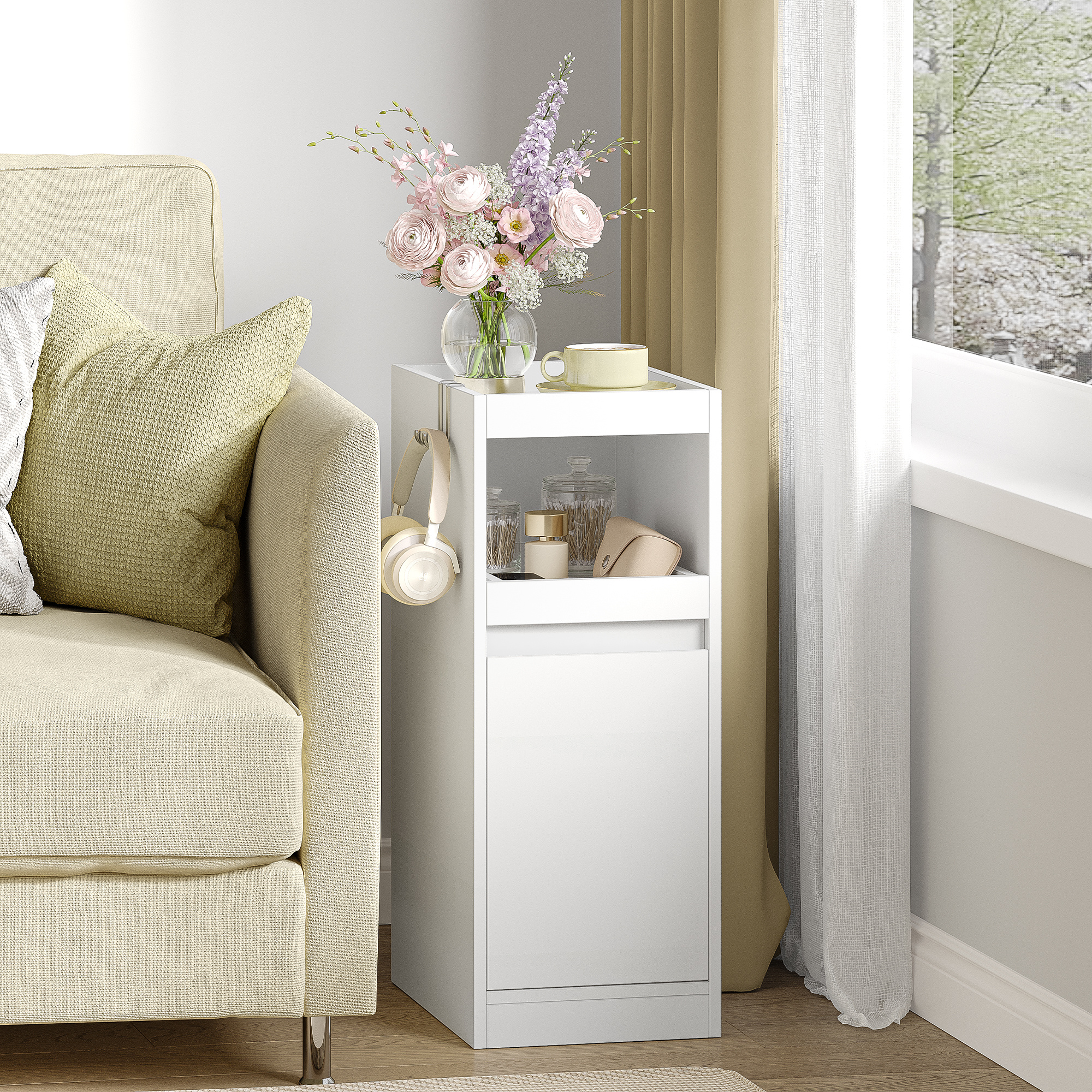 Image of Narrow Nightstand, Nightstands With Tray, Side Table With 1 Door, Side Table With , Space-saving, For Bedroom, Living Room, , White, 35 × 24 × 64 Cm