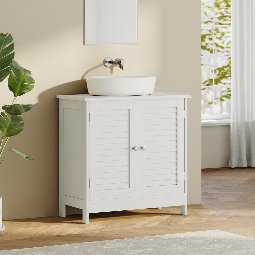 Bathroom Sink Cabinet, Storage Cabinet With 2 Slatted Doors, Adjustable Shelf Level, White