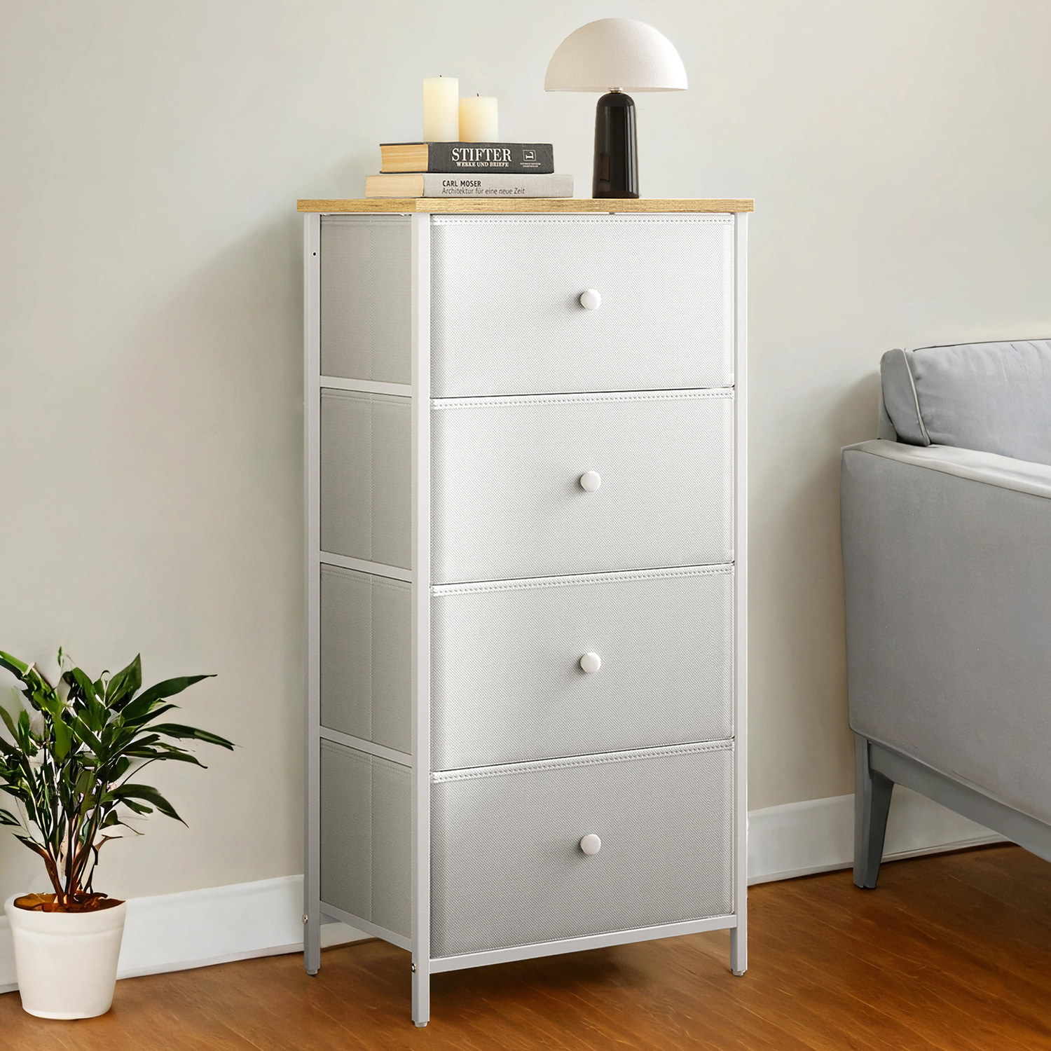 Dresser, Storage Cabinet With 4 Fabric Drawers, Metal Frame, Tall And Slim