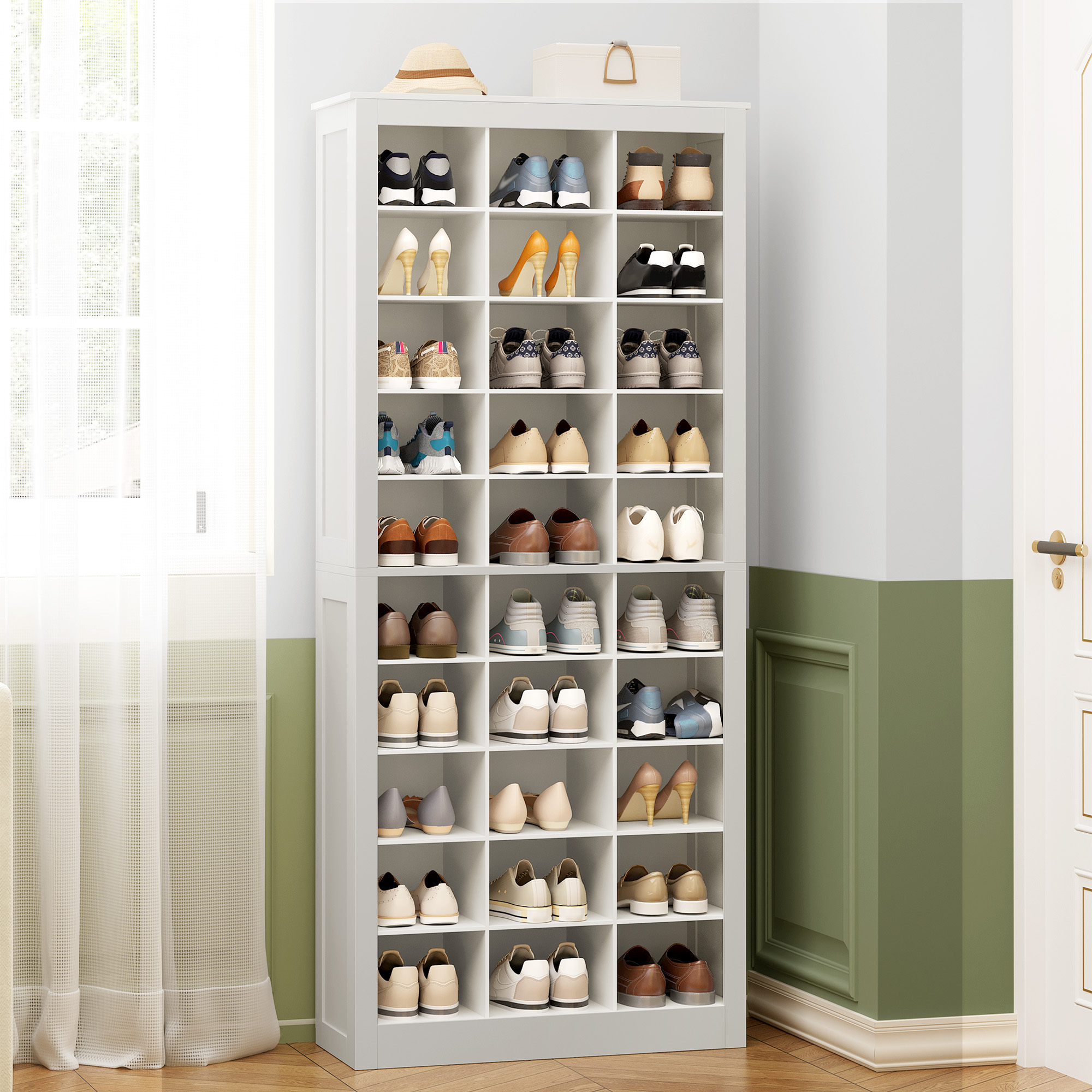 Image of Freestanding Shoe Cabinet With 30 Compartments, Multi-grid Organized Storage For Entryway, Living Room, And Closet, White