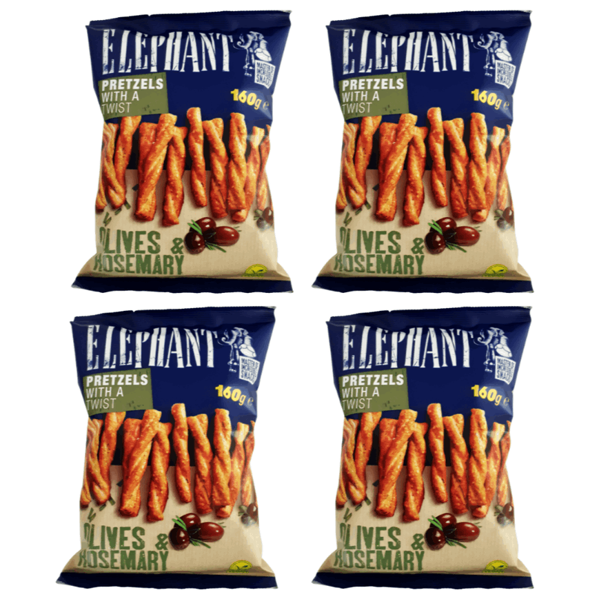 Image of Elephant Twisted Pretzels Olives & Rosmary 4 X 160g | Crispy Pretzel Snacks With Olives & Rosemary, Aromatically Seasoned