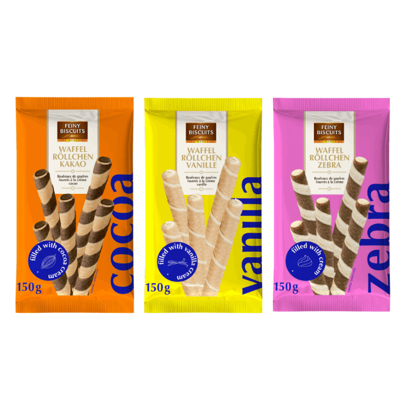 Delicate Biscuits Waffle Rolls 3 X 150g Mixed Pack | Vanilla, Cocoa & Zebra – Crispy Waffle Rolls With Fine Cream Filling