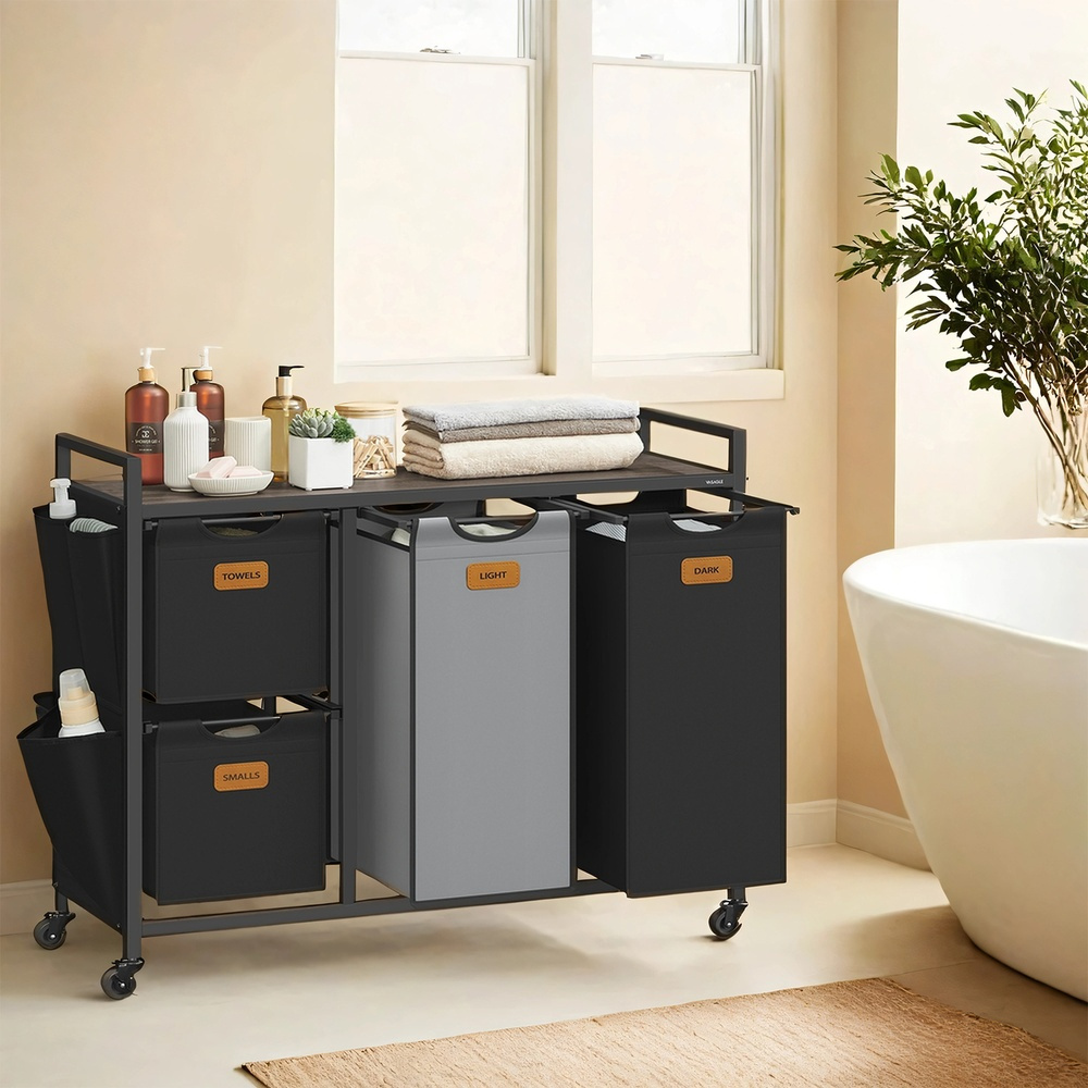 TEMU Panier à Linge, 4 Compartiments, Corbeille 150 L, Roulettes, avec Étagères, Poches Latérales, 6 Étiquettes, Marron, Noir et
