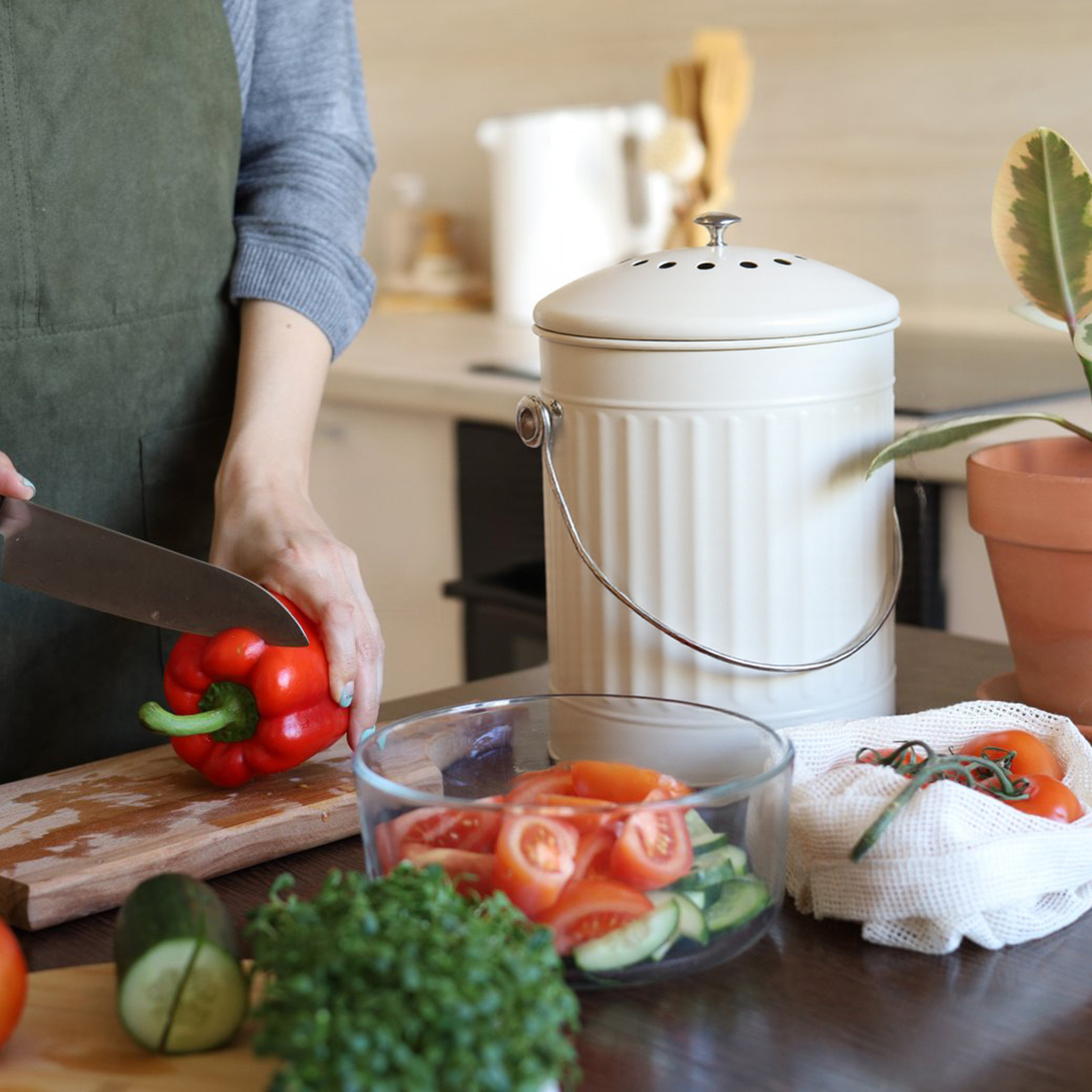 TEMU Metal Compost Bin, 5.5 Liter Kitchen Compost Container With Activated Carbon Filter And Lid For Indoor Waste , Compost Bin With Carbon Filters
