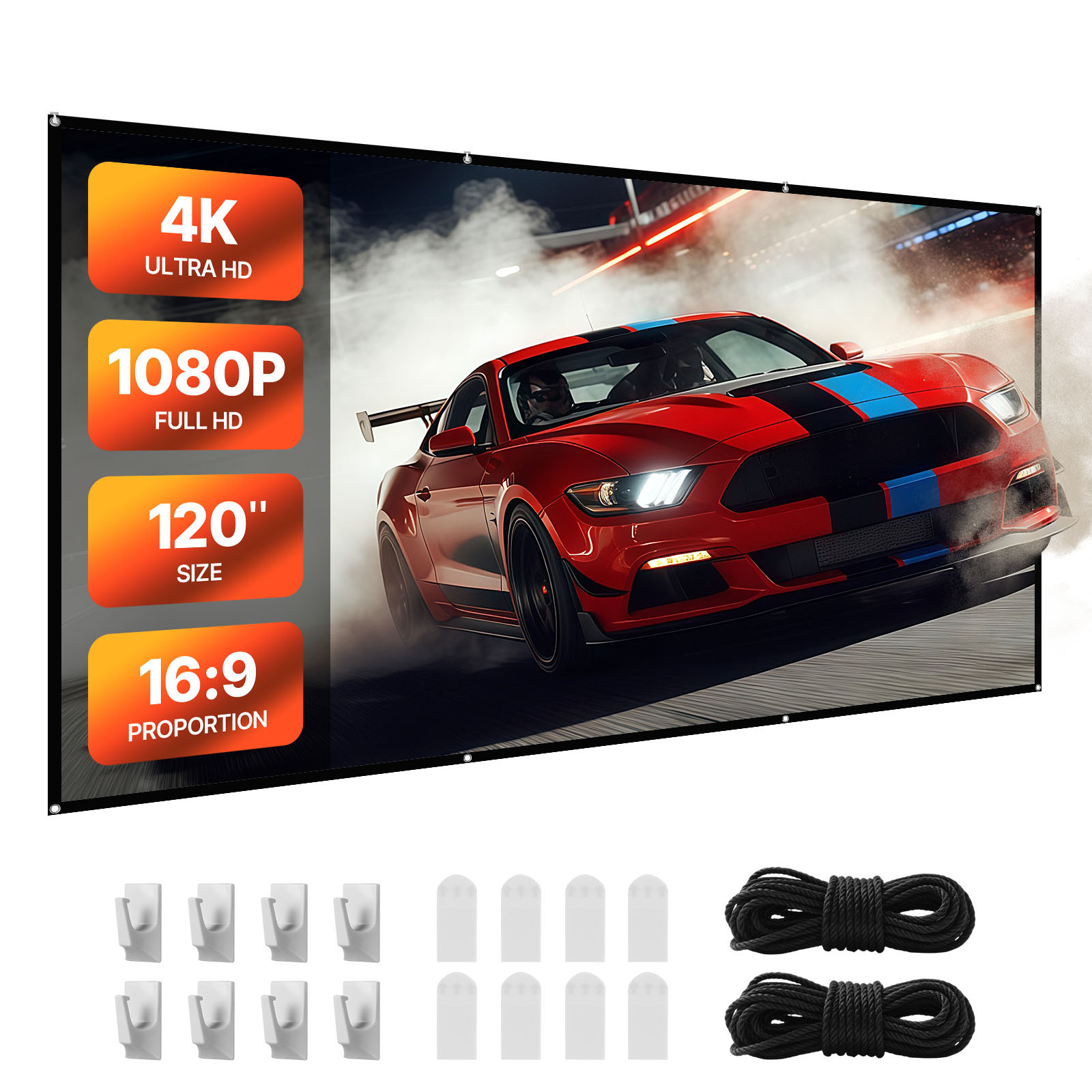 Image of Vevor Projector Screen, 3048 Mm / 120inch 16:9 4k 1080 Hd Projection Screen, Wall Mounted Projection Dispaly Projector With 8 Hooks And Double-sided Tapes, Portable Canvas For Office Theater