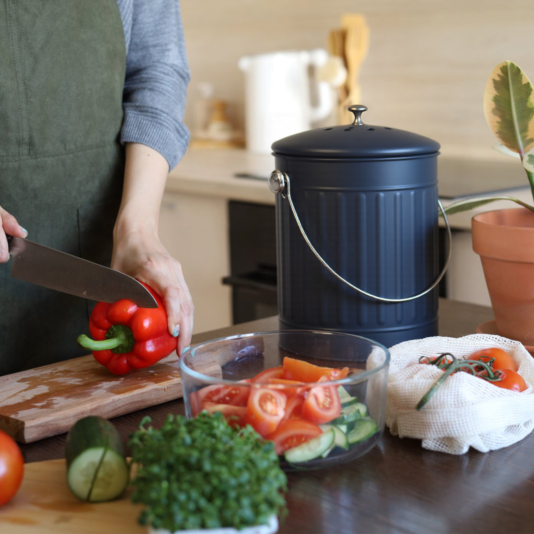 TEMU Metal Compost Bin, 5.5 Liter Kitchen Compost Container With Activated Carbon Filter And Lid For Indoor Waste , Compost Bin With Carbon Filters