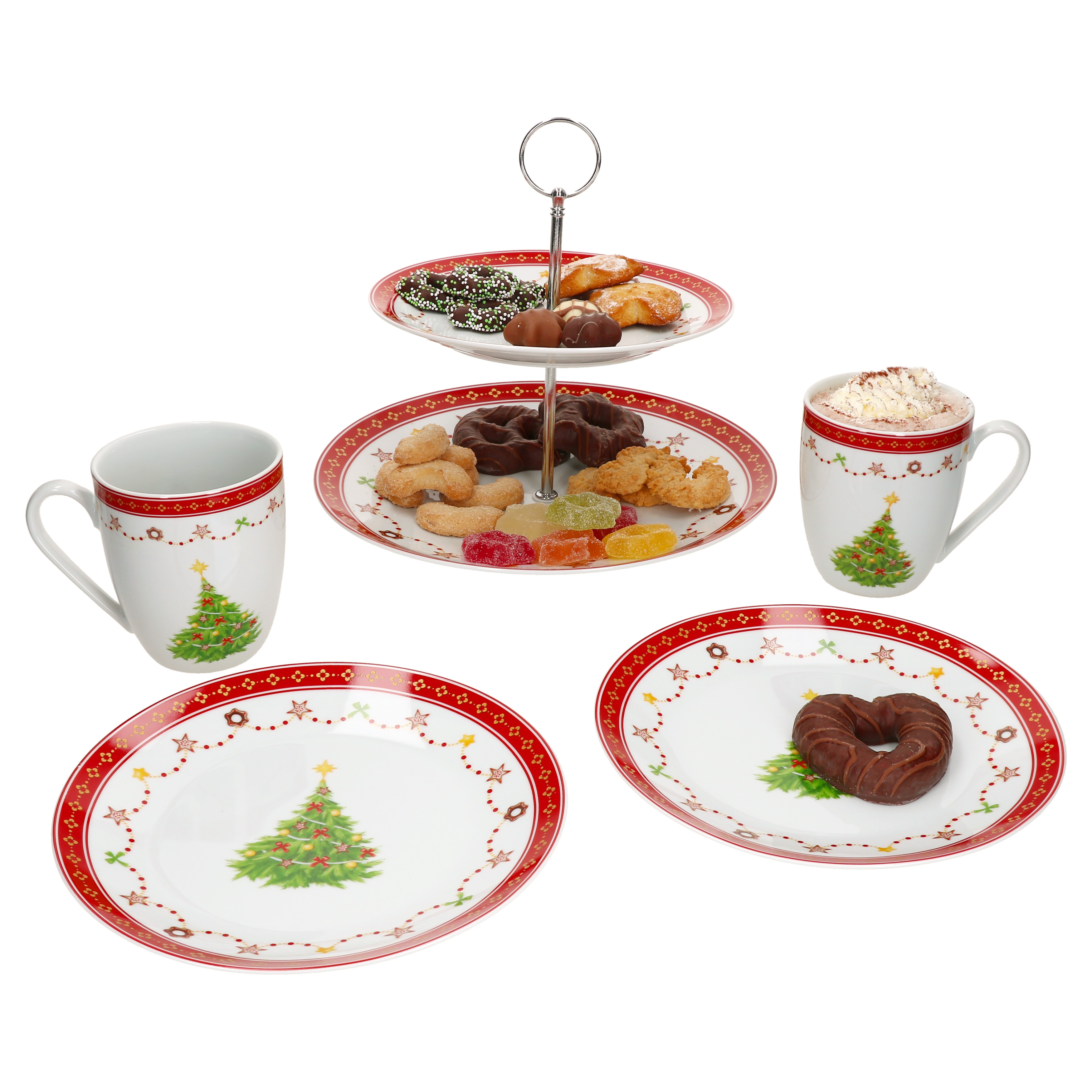 5-piece Breakfast Set: Tiered Tray, Coffee Mugs, Cake Plates, And Pastries