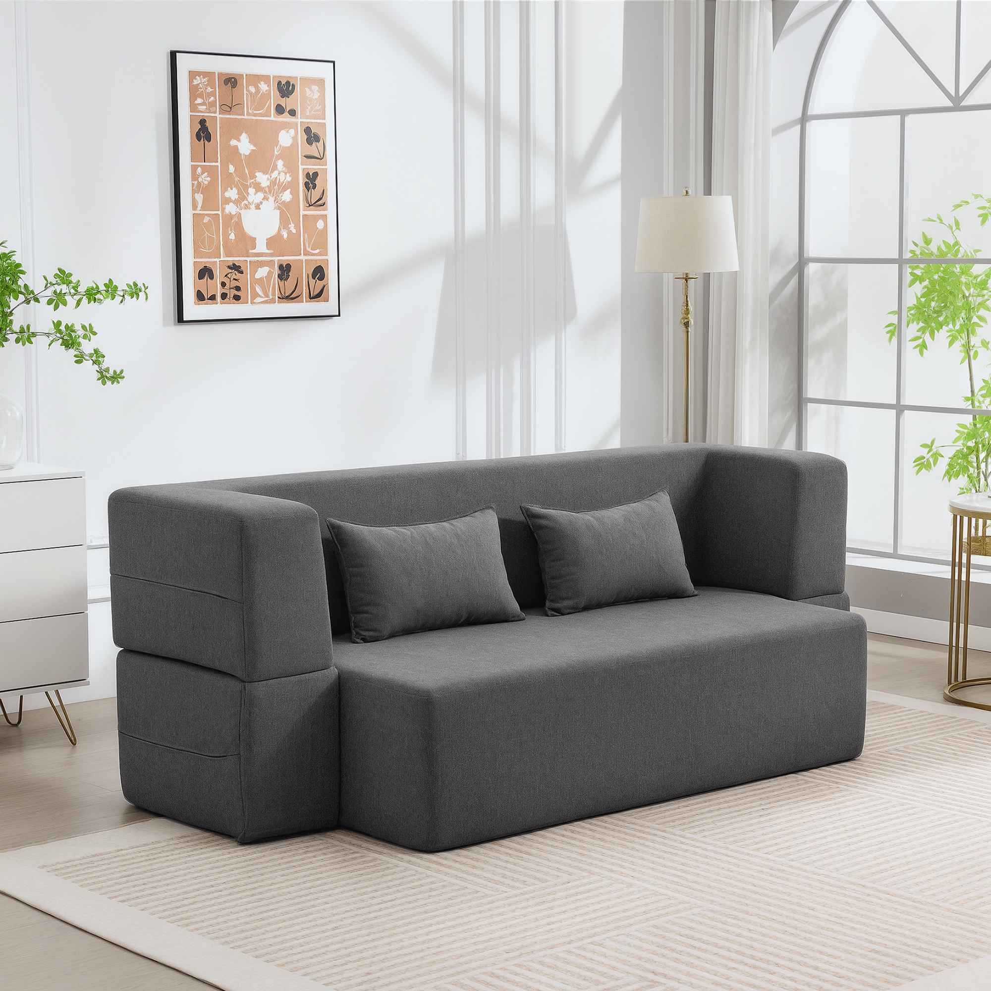 2-seater Sleeper Sofa 203 Cm Floor Sofa, Sleeper Couch With Wide Armrests, 2 Pillows And High-density Foam, Soft Chenille For Living Room, 360 Kg Load Capacity, Grey