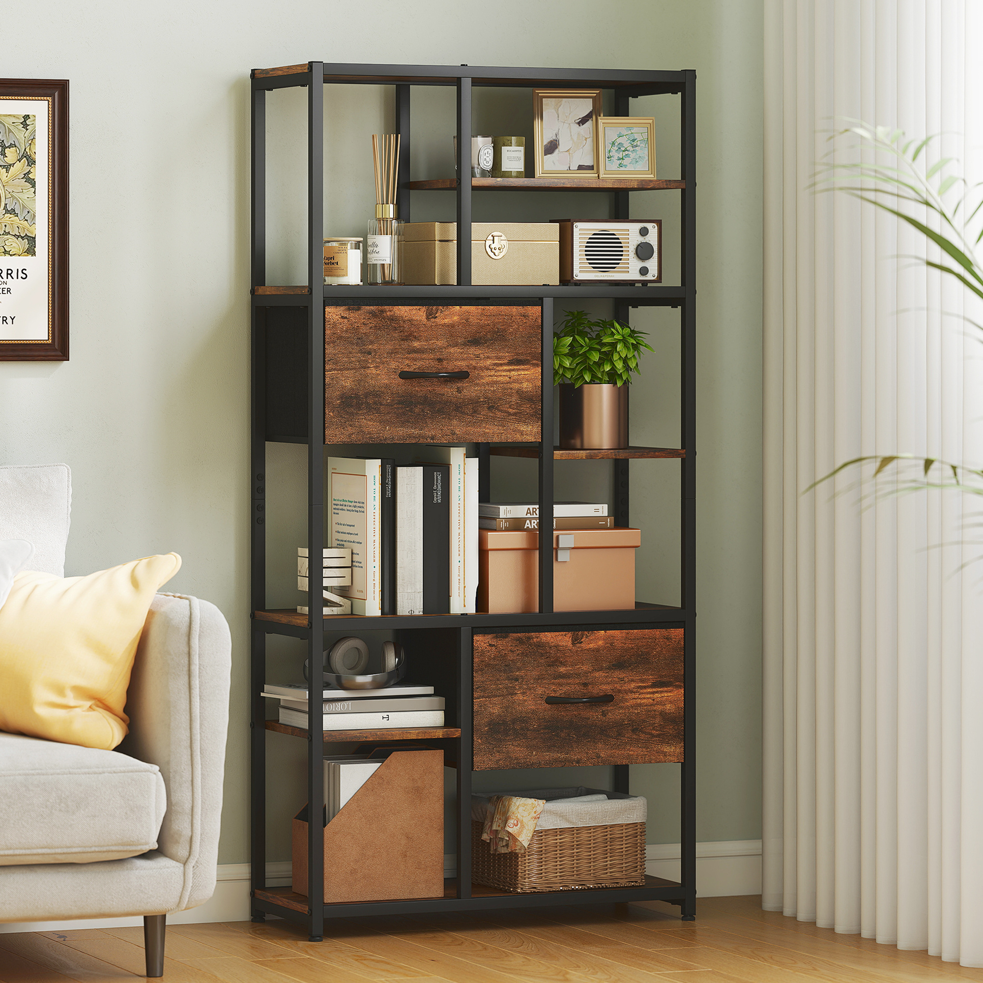 Bookshelf, Floor-standing Shelf With 2 Fabric Drawers, 9 Open Compartments, Industrial Kitchen Shelf With , Storage Shelf For Office, Living Room, Bedroom, 72.5x30x150 Cm, Rustic Brown.