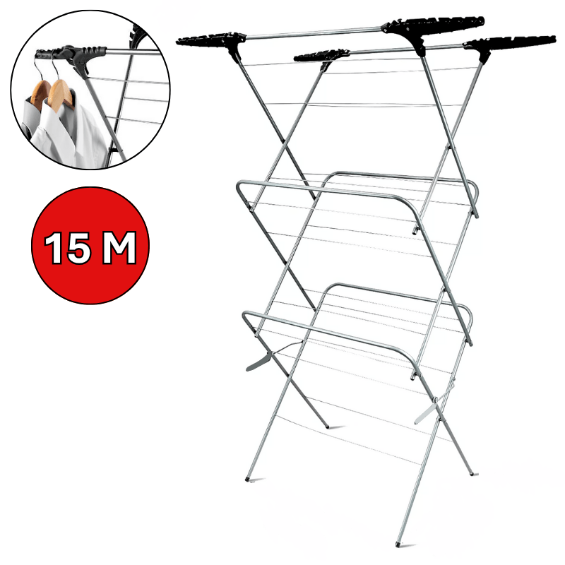 TEMU Foldable 3 Tier Airer With Collapsible Wings 15m Clothes Drying Laundry Rack Portable Indoor & Outdoor Free Standing Grey