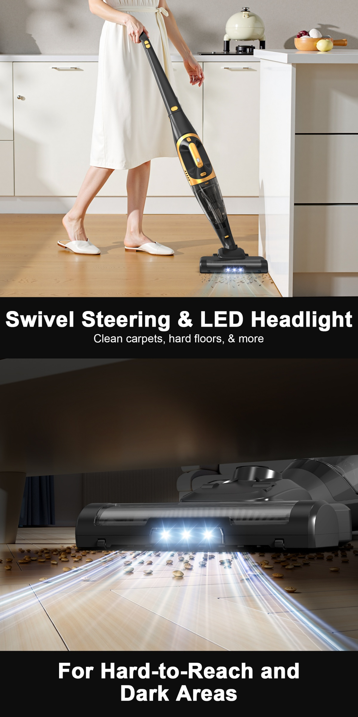2-в-1 Безжичен Вертикален Прахосмукач с 35KPA, Ръчна Функция, Гъвкава Работа, До 40 Минути Работа на Батерията, Лек и Лесен за Употреба, Презареждаема Литиева Батерия за Подове, Килими и Косми от Домашни Любимци