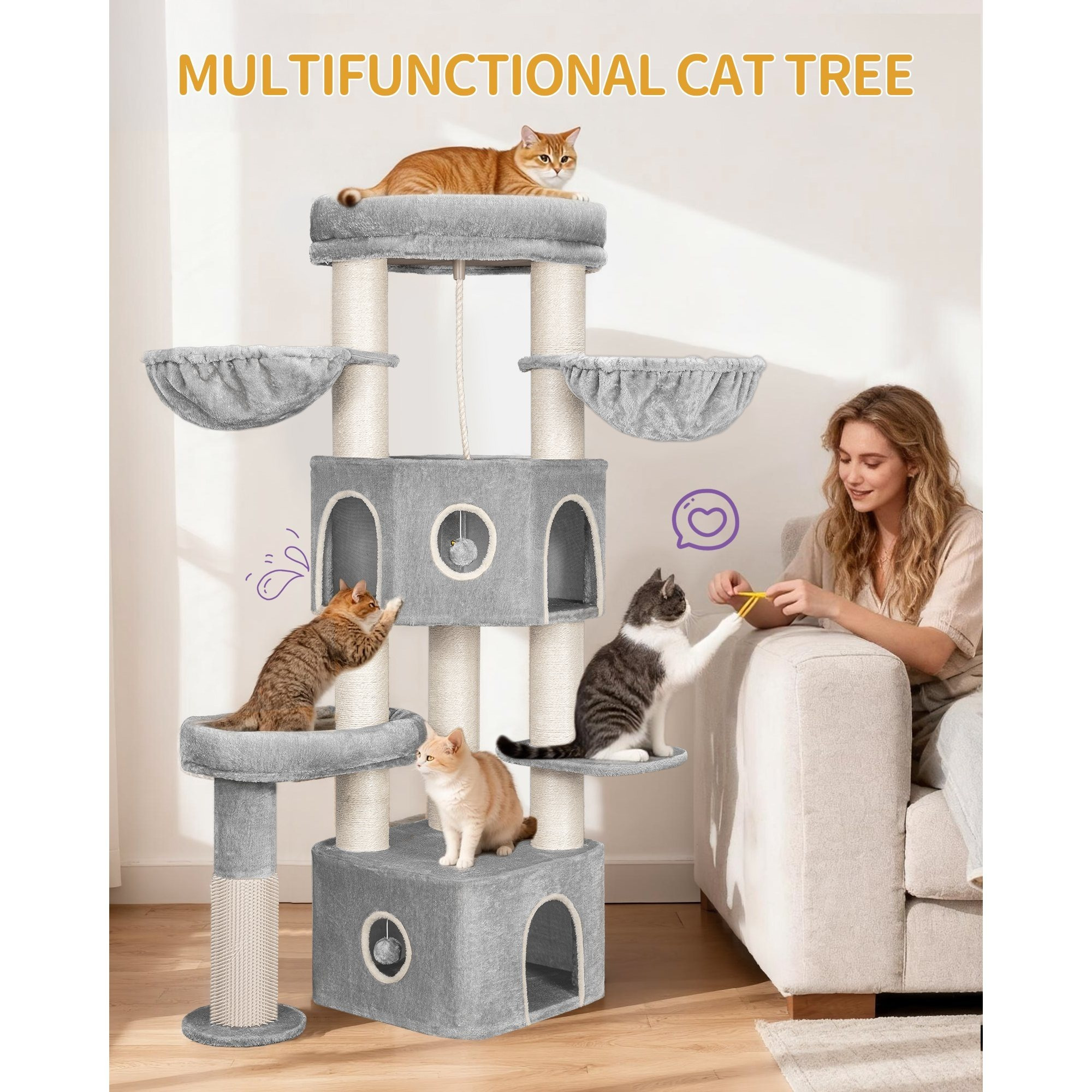 Image of Hzuaneri Cat Tree, 163 Cm Cat Scratching Post, 10 Cm Thick Sisal Stems, For Large Cats, 2 Caves, Spacious Platform, Plush Ball, Cat Brush, Multi-level Cat Scratcher, Light Gray Beige/light Gray Black