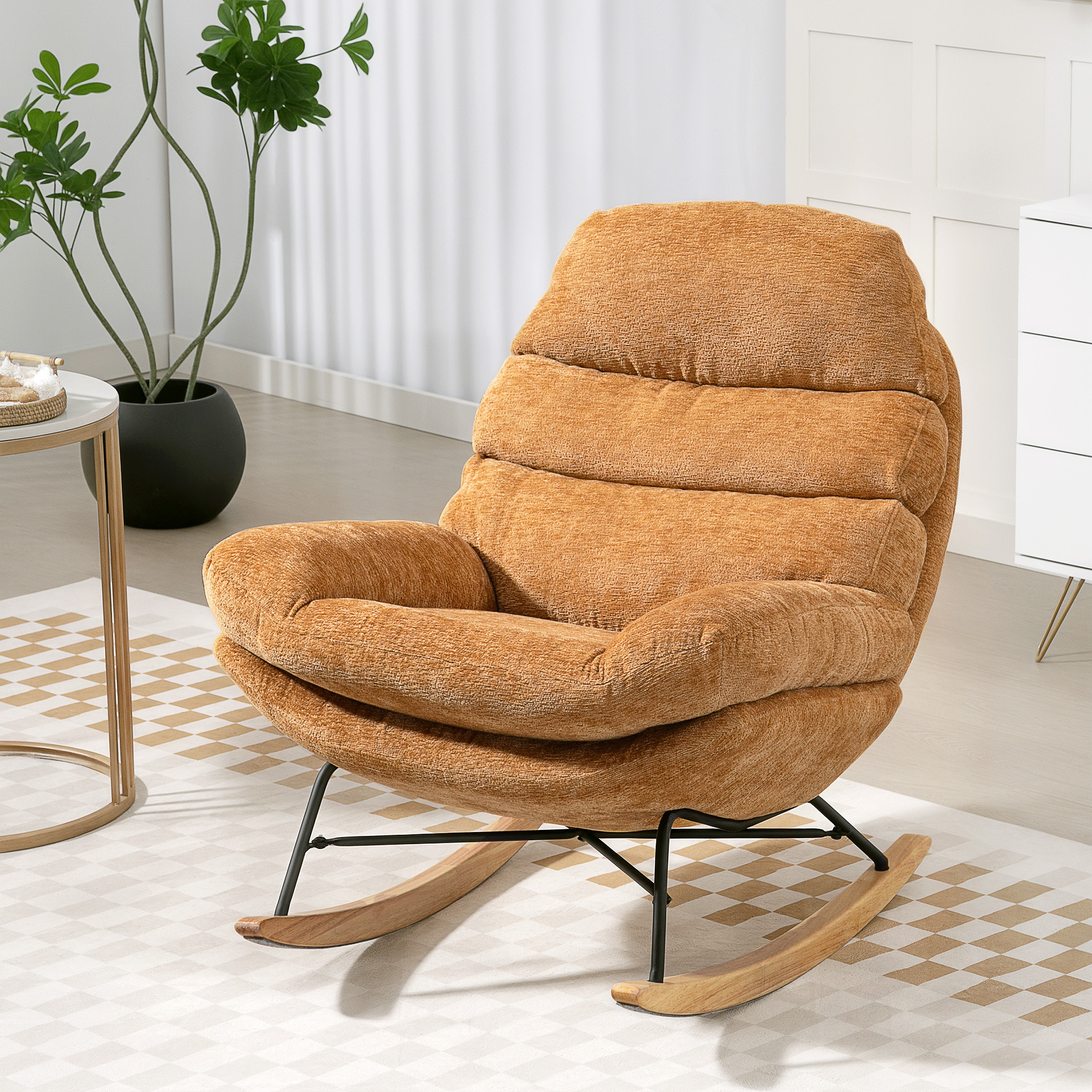 Rocking Chair With Backrest, Chair, Upholstered Relaxation Chair With Chenille Optics, Wooden Frame Swing Chair, Reading Chair For Living Room, Yellow