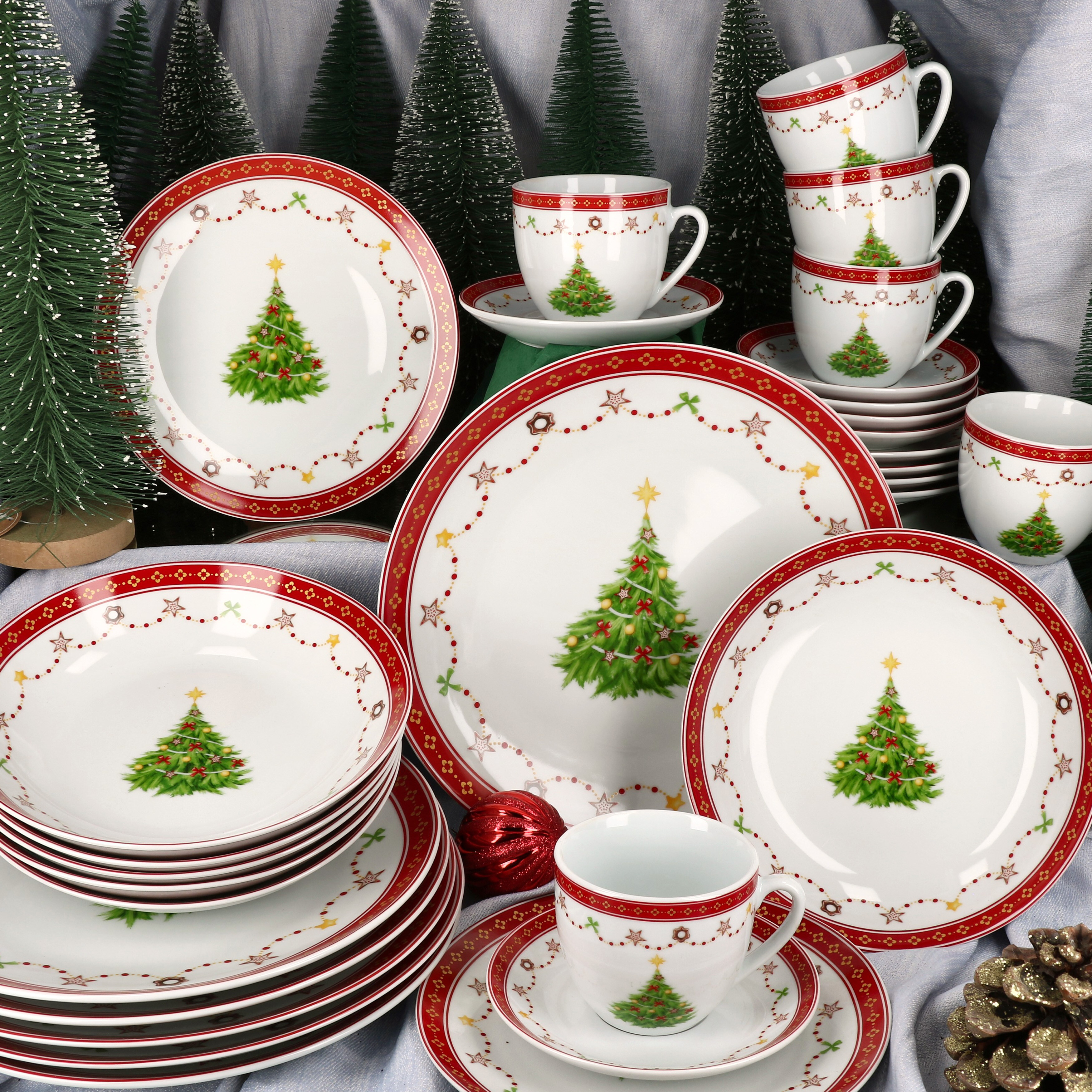Image of 30-piece Porcelain Dinnerware Set For 6, Plates & Cups, Christmas