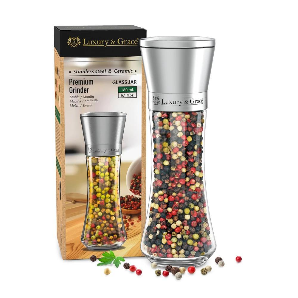 TEMU LG Luxury & Grace Molinillo de Vidrio Pack 2 x 180 ml, 19×6,5 cm – Cierre de Acero Inoxidable – Molino de Cerámica Ajustable