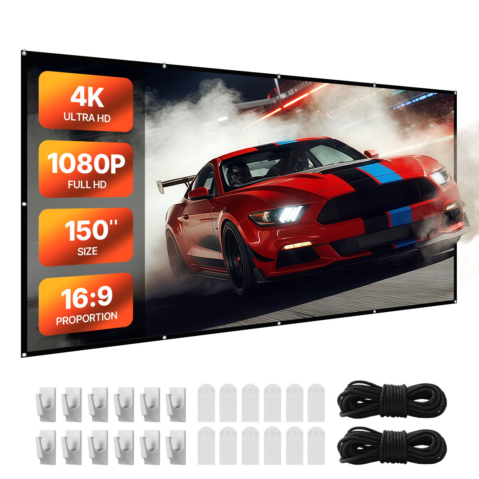 TEMU Vevor Projector Screen, 3810 Mm / 150inch16:9 4k 1080 Hd Projection Screen, Wall Mounted Projection Dispaly Projector With 12 Hooks And