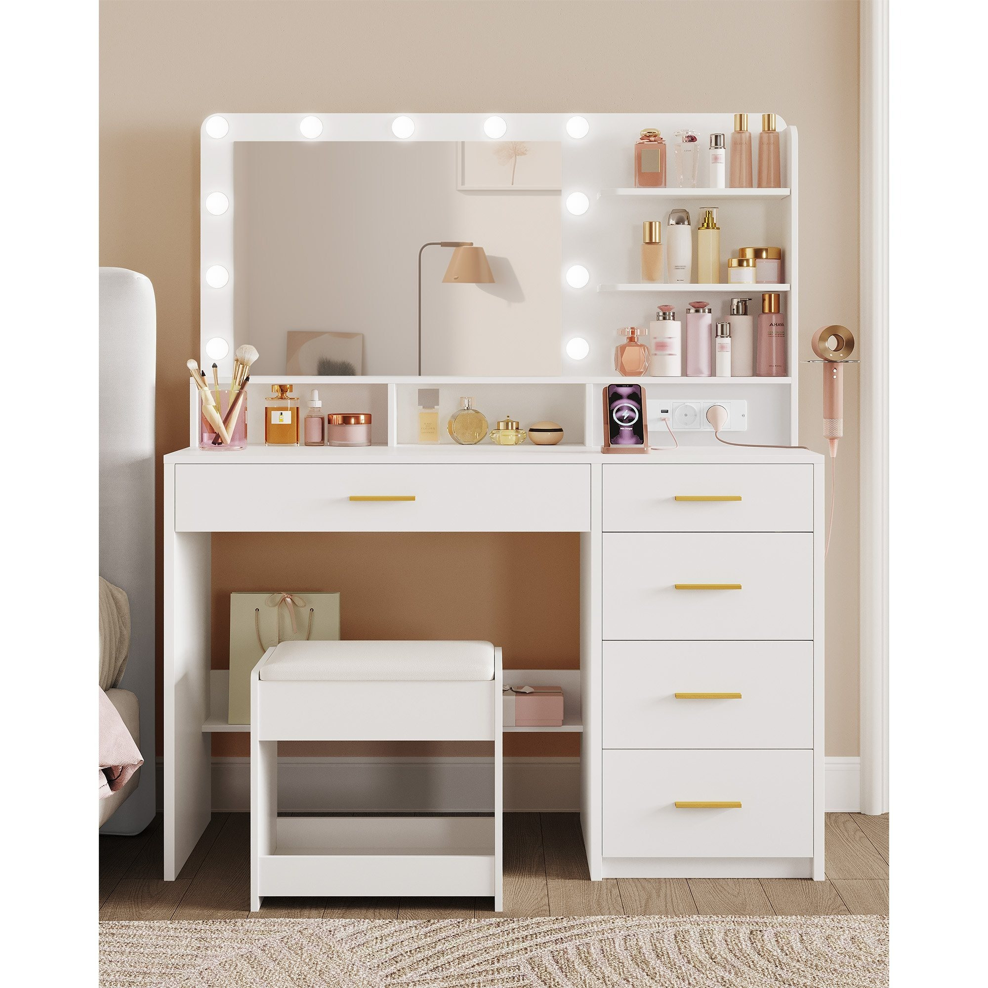 Image of Hzuaneri Makeup Vanity With 10 Led Lights, Stool, Dressing Table With Large Mirror, Plug-in Makeup Table, Hair Dryer Holder, And Multiple Drawers, White