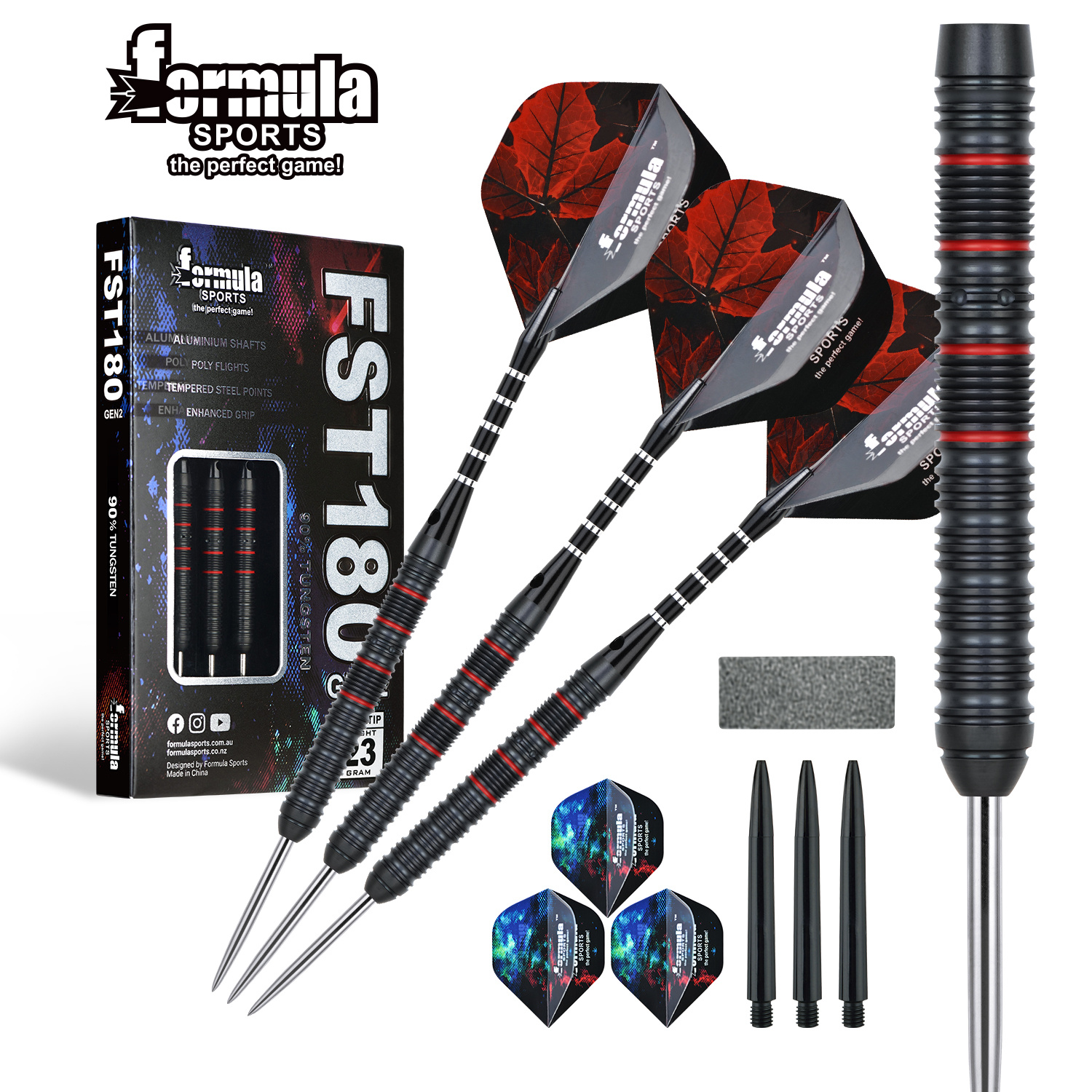 Formula Sports 90% Darts Metal Tip Set - Professional Steel Tip Darts Set With 2 Style Flights And Shafts, In 21g/22g/23g/24g Metal Tip Darts, Sharpener, Gift Box