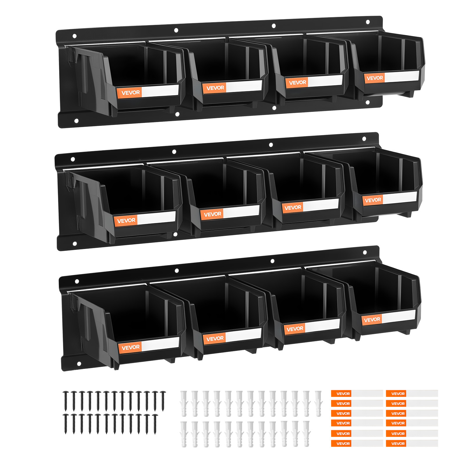 TEMU Vevor Wall Mounted Storage Bins, 12 Plastic Bins & 3 Metal Rails, Plastic Hanging Stackable Storage Bin For Screws, Nuts, Bolts, Nails, Hardware