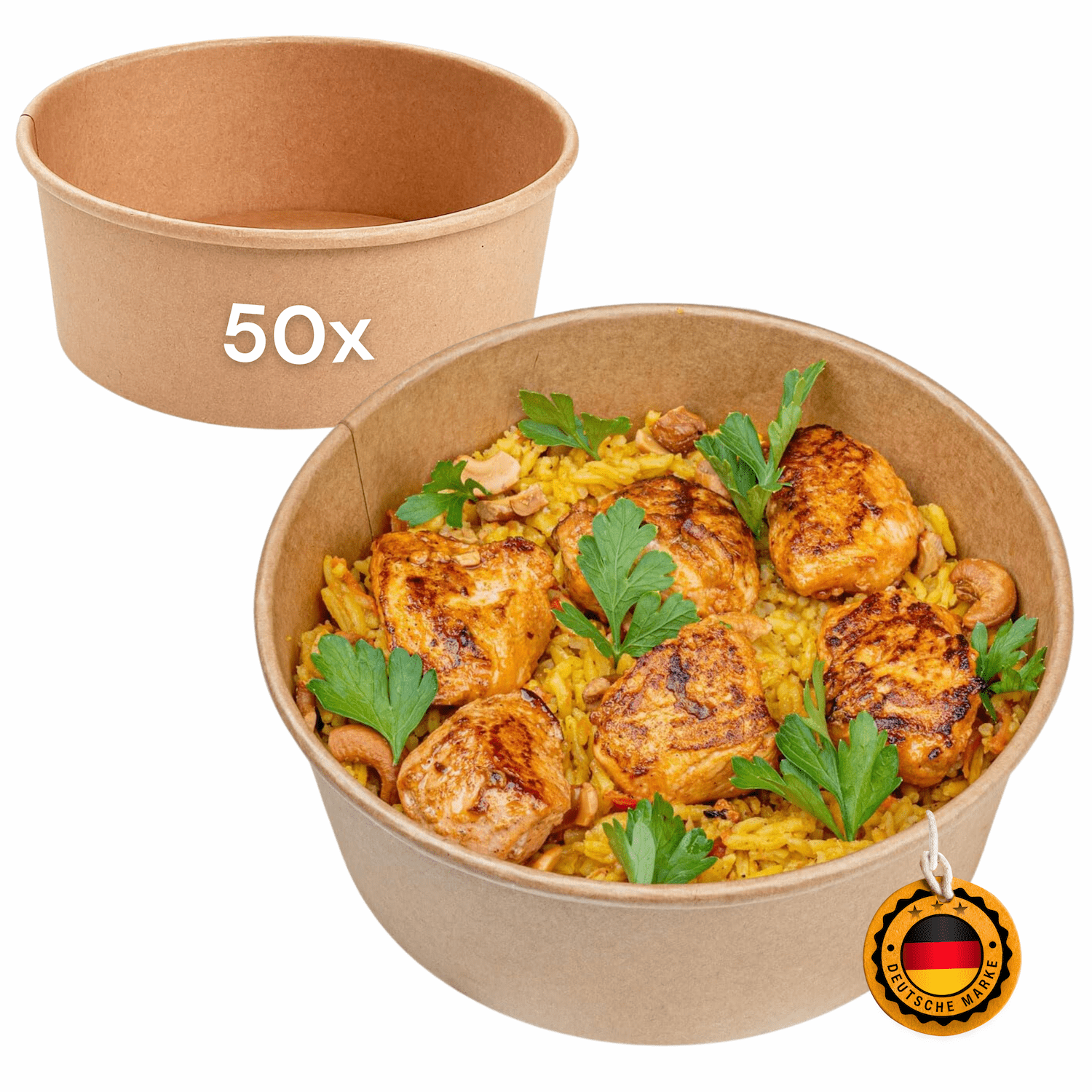 E-shop 50 Stück -Karton Salatschale + Deckel, 500ml Ø150mm x 46mm höhe | ideal zum Transportieren von Salaten und Bowls, Karton-Schale braun rund