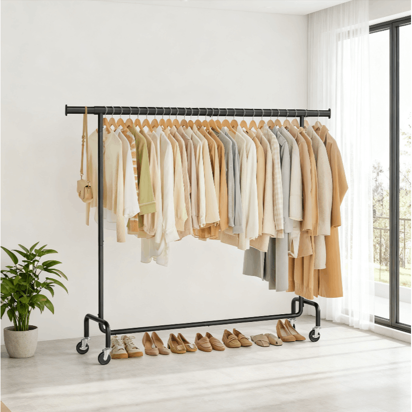 E-shop Kleiderständer auf Rollen，Garderobenständer mit Ausziehbarer Stange ,Hochbelastbar bis 110kg , Für Kleiderschrank & Flur ,Verchromt/Schwarz Matt