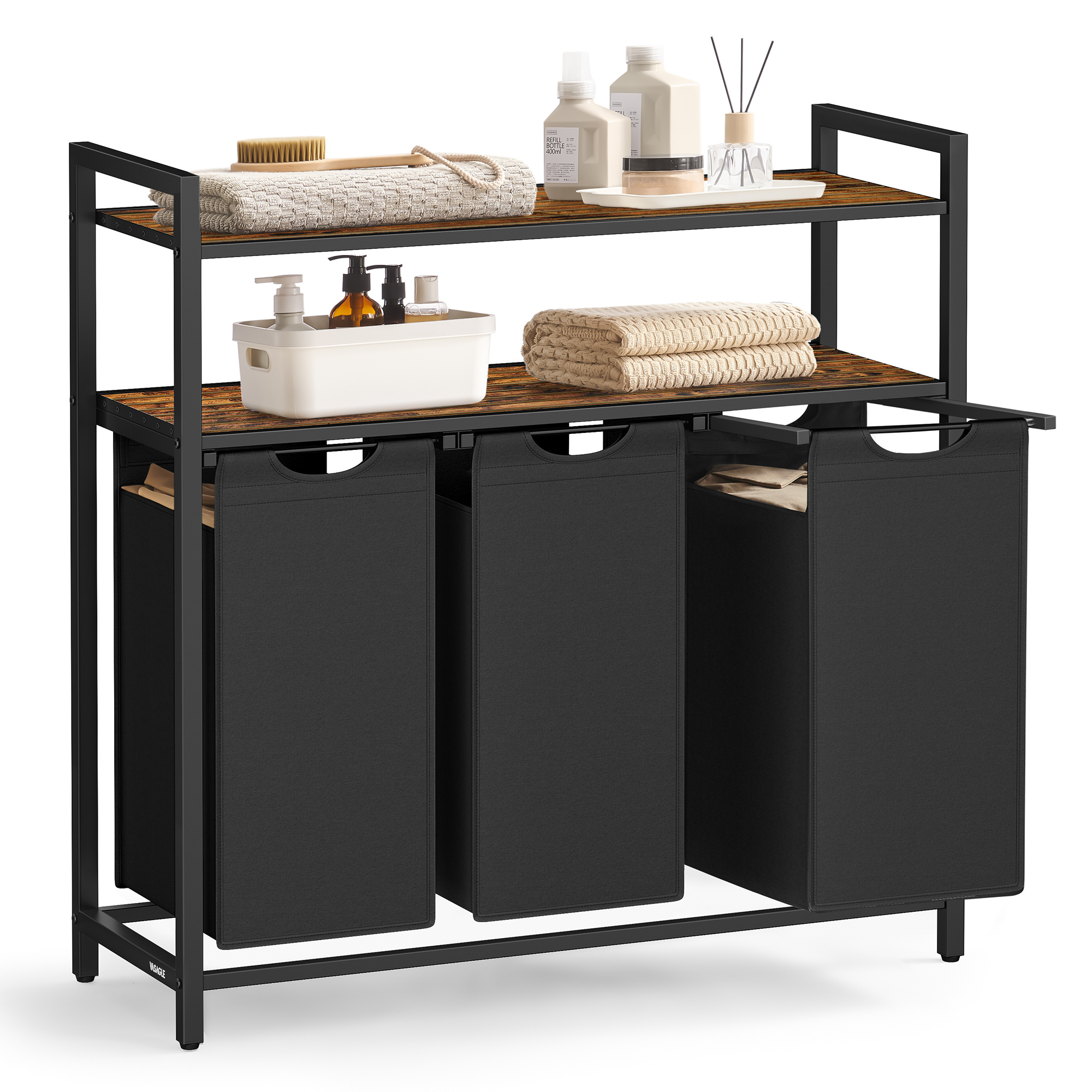 E-shop Wäschekorb, Wäschesammler mit 2 Ablagen, Wäschekorb 3 Fächer, Wäschesack ausziehbar und abnehmbar, 120 Liter, vintagebraun-schwarz