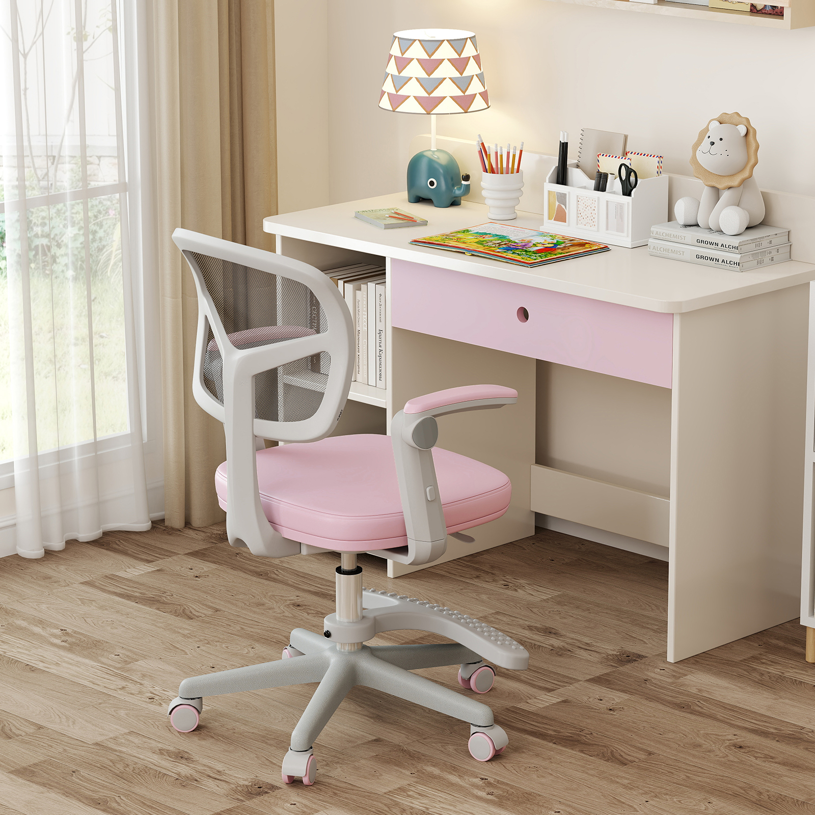 Kids Desk Chair, Children Study Chair W/adjustable Height, Armrest & Footrest, Swivel Mesh Task Student Chair W/universal Casters, Child Computer Desk Chair For Boys Girls Age 3-15, Pink