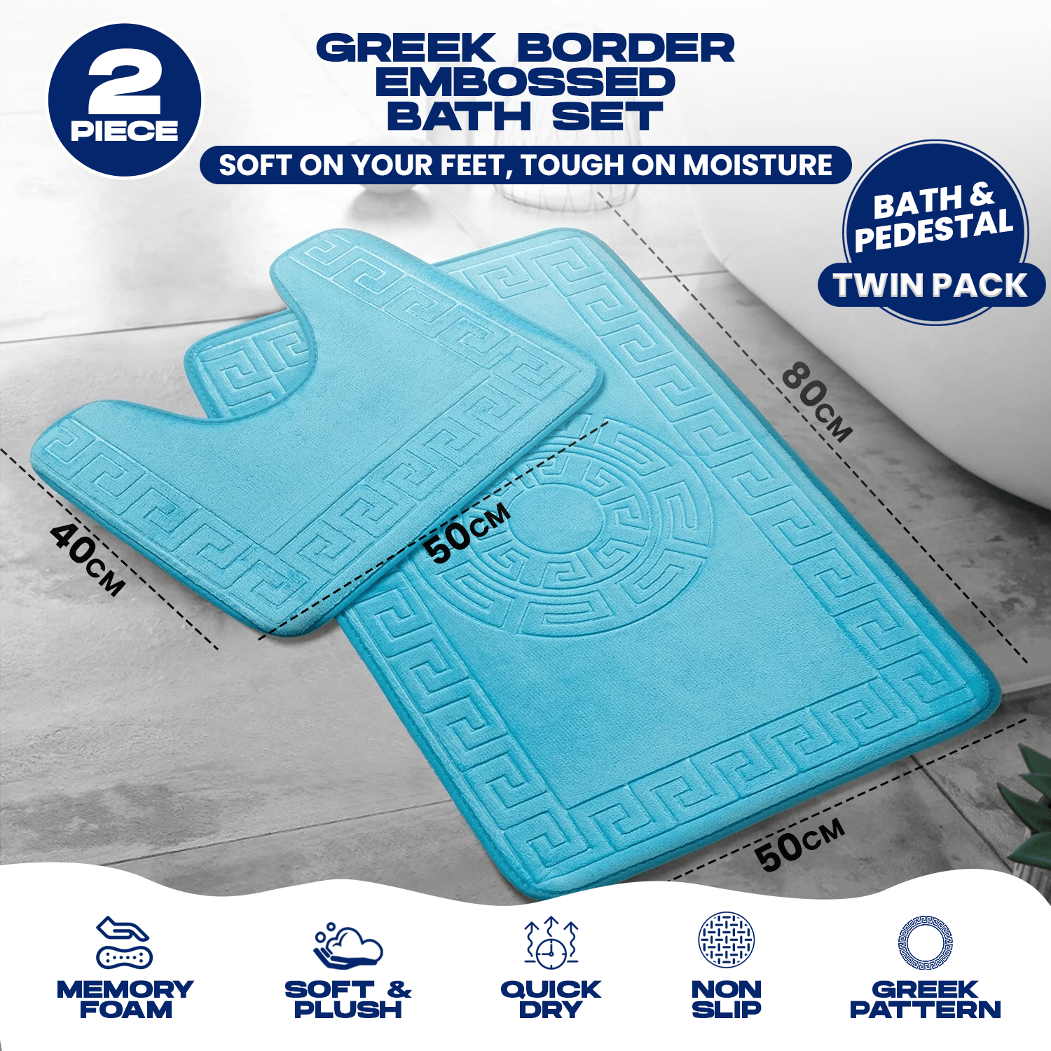 TEMU 2pcs Greek Embossed Memory Foam Bathroom Mat Set | Ultra Absorbent Non-slip Bath Mat & Pedestal Rug | Plush , Waterproof Backing | Machine