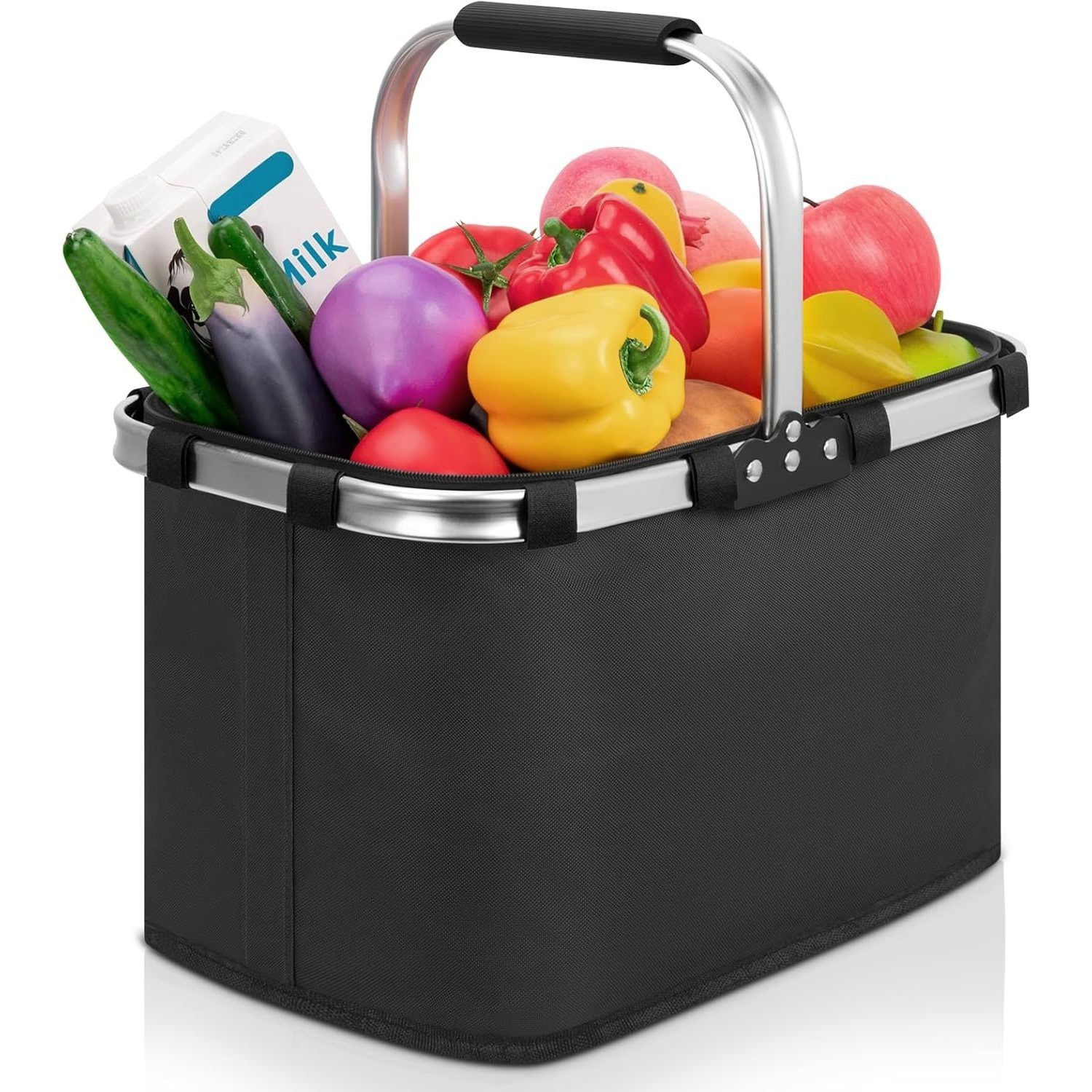 Image of Foldable Aluminum Frame Shopping Basket With Lid And Handles, 30l Bag, Large Picnic Basket, Carry Basket, Sturdy Basket With Inner Zipper Pocket, Practical Collapsible Tote Bag For 42*29*25cm