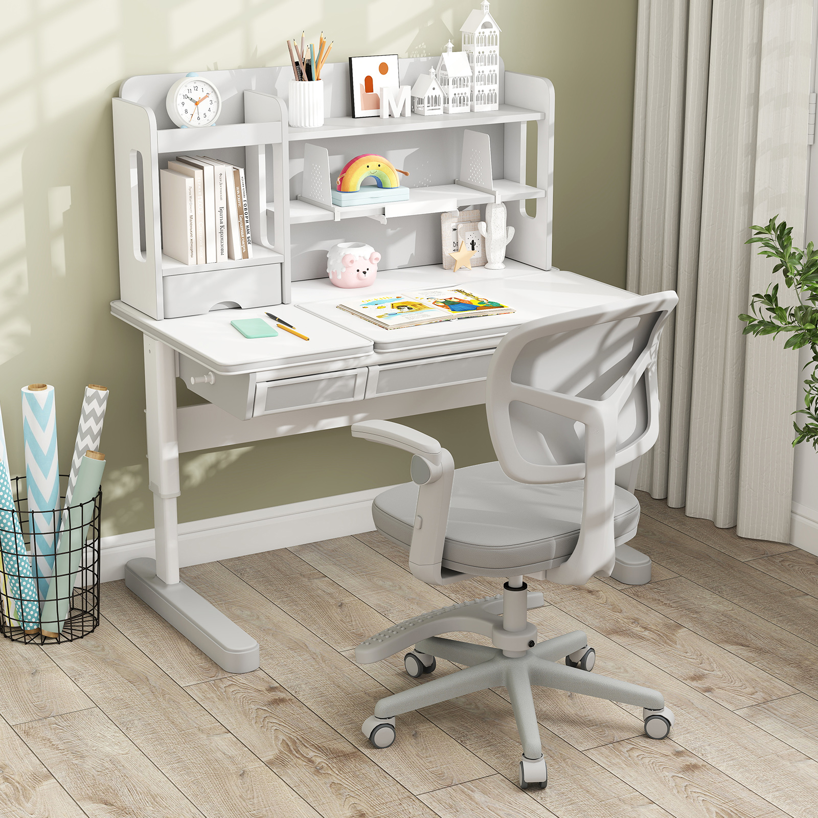 Kids Desk Chair, Children Study Chair W/adjustable Height, Armrest & Footrest, Swivel Mesh Task Student Chair W/universal Casters, Child Computer Desk Chair For Boys Girls Age 3-15, Grey