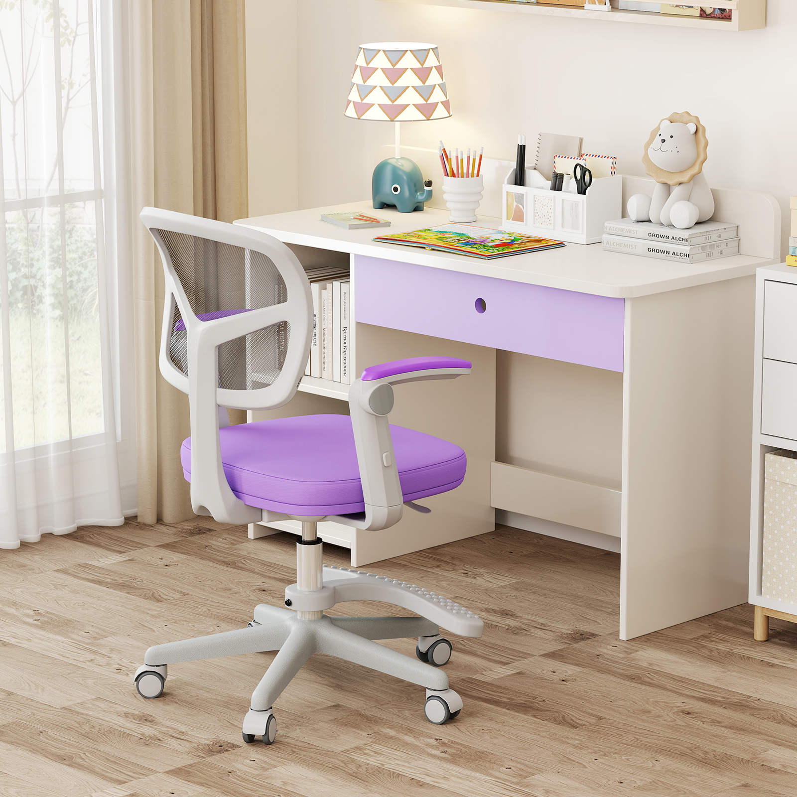 Image of Kids Desk Chair, Children Study Chair W/adjustable Height, Armrest & Footrest, Swivel Mesh Task Student Chair W/universal Casters, Child Computer Desk Chair For Boys Girls Age 3-15, Purple