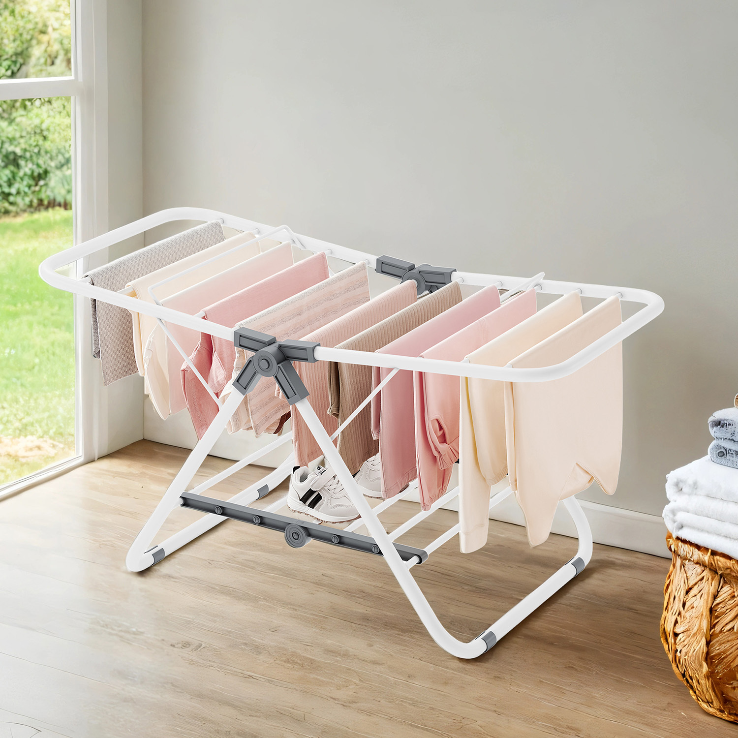 E-shop Wäscheständer klein, Standtrockner mit 2 Flügeln, faltbarer, platzsparend, Metall, für kleine Kleidungsstücke, 44 x 101 x 54 cm, weiß