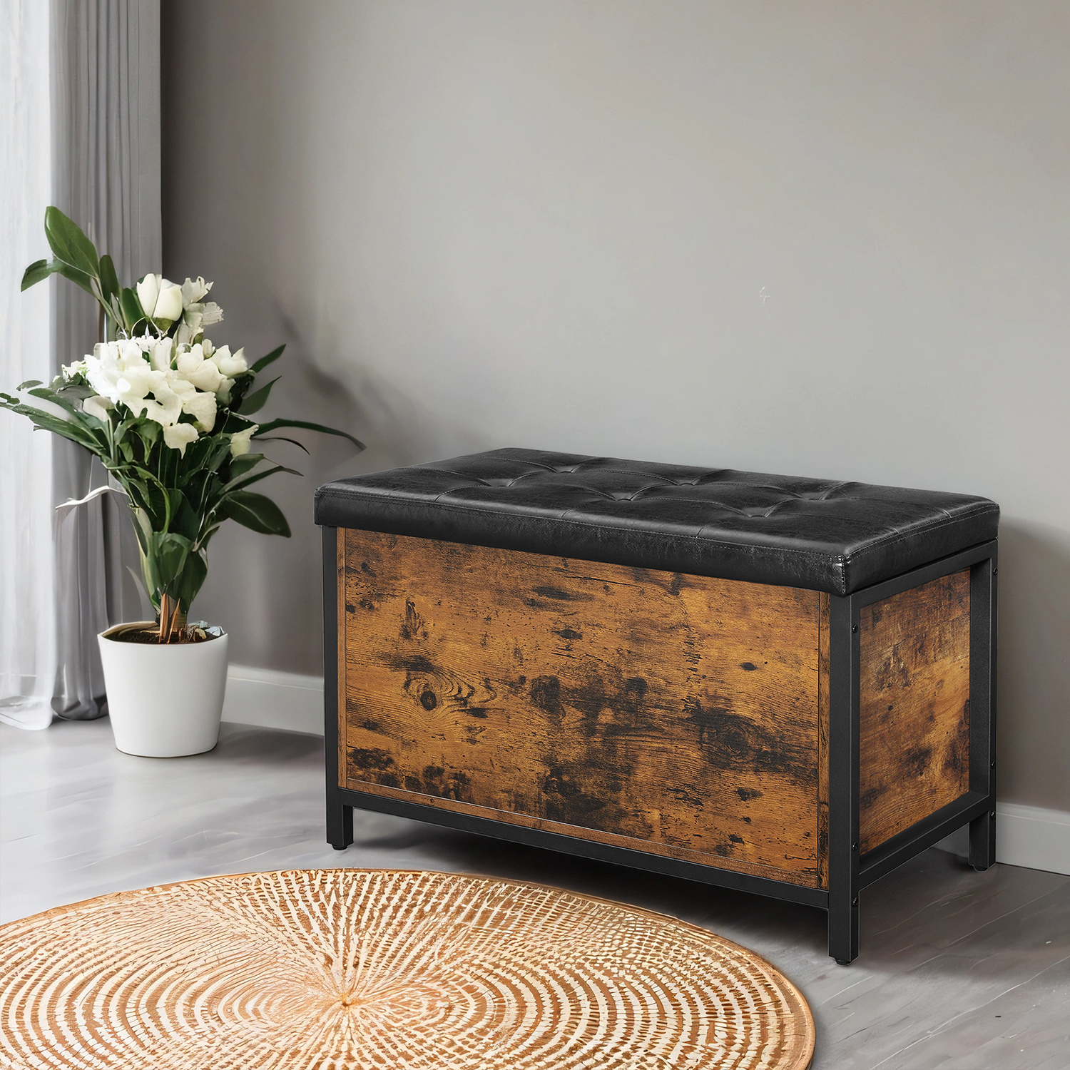 Image of Stool, Bench, Storage Ottoman With Compartment, Padded Ottoman, Hallway, Bedroom, Living Room, Metal, Leather, Industrial Style, Brown-black