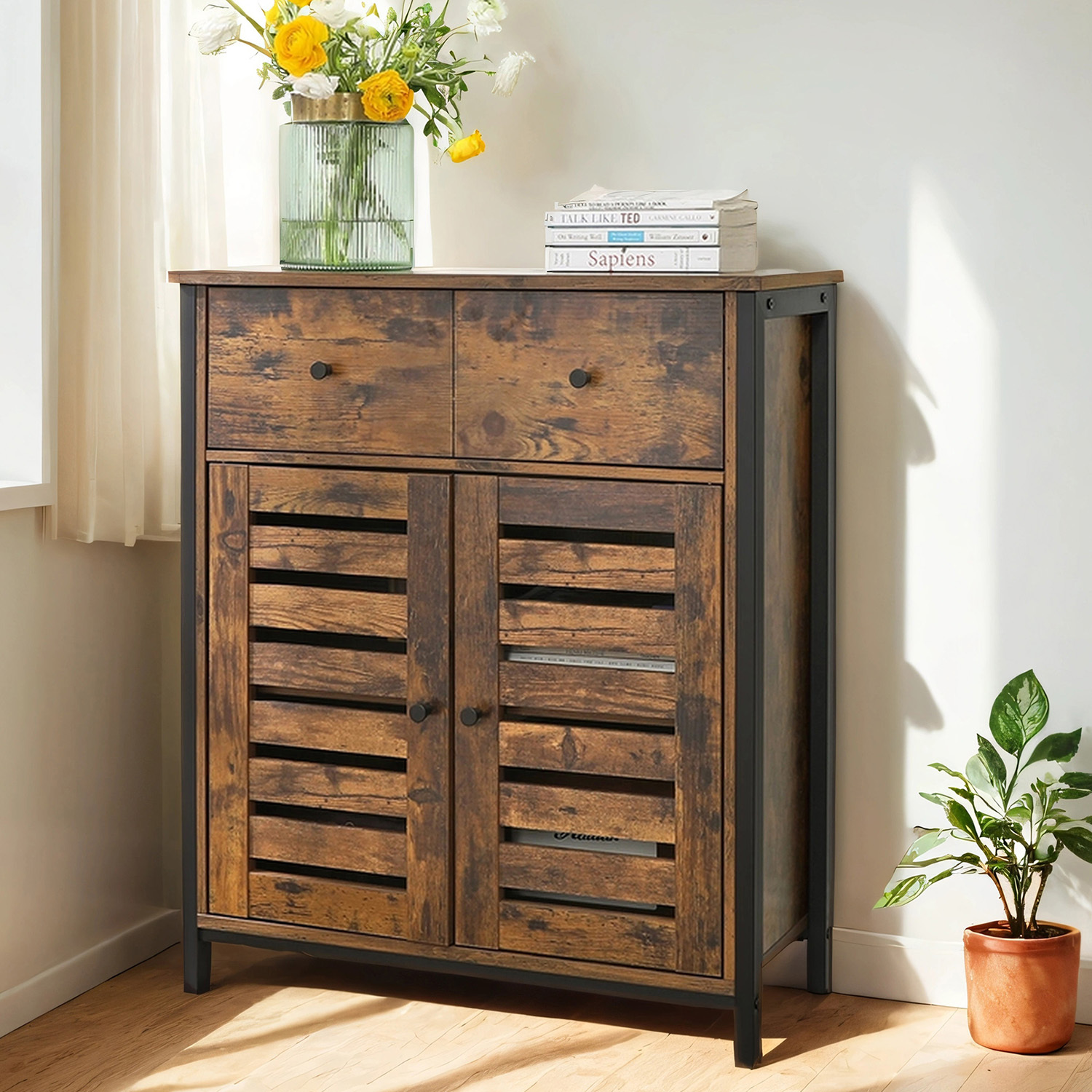 Image of Wardrobe, Freestanding Cabinet With 1 Drawer And Shelf, Kitchen Cabinet, Louvered Doors, For Living Room, Hallway, Home Office, Brown