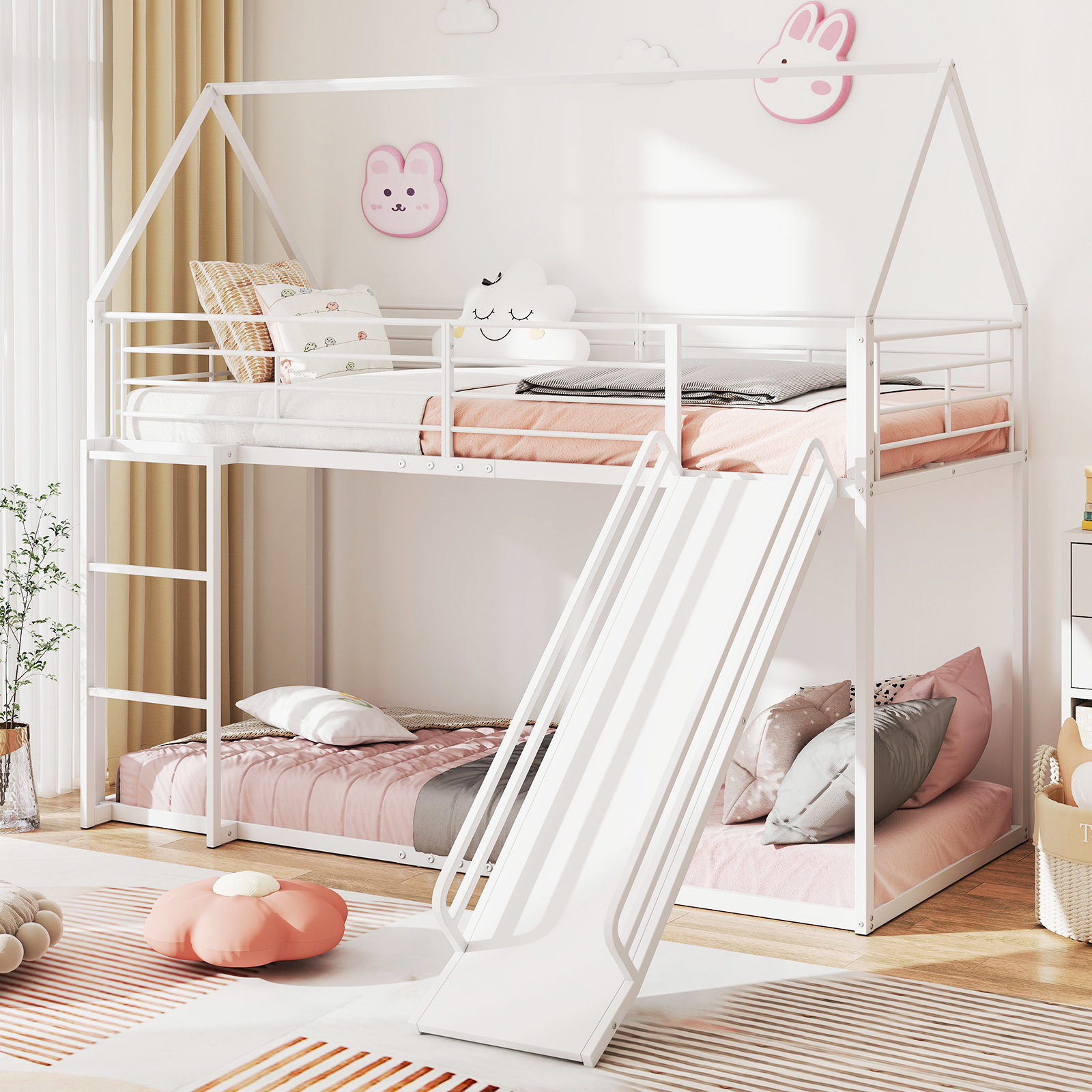 House Bunk Bed With Slide, Low Bunk Bed Frame With Safety & Ladder, Heavy-duty Bed With Metal Slat Support, Spring Needed, White