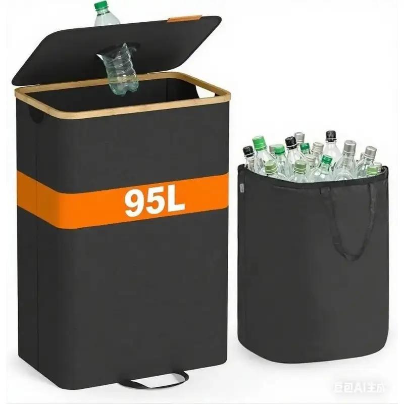 E-shop 95L Recyclingbehälter, Flaschen-Recyclingbehälter, mit abnehmbarer großer schwarzer Mülleimer-Organizer für Glas, Papier, Plastik, Metall und