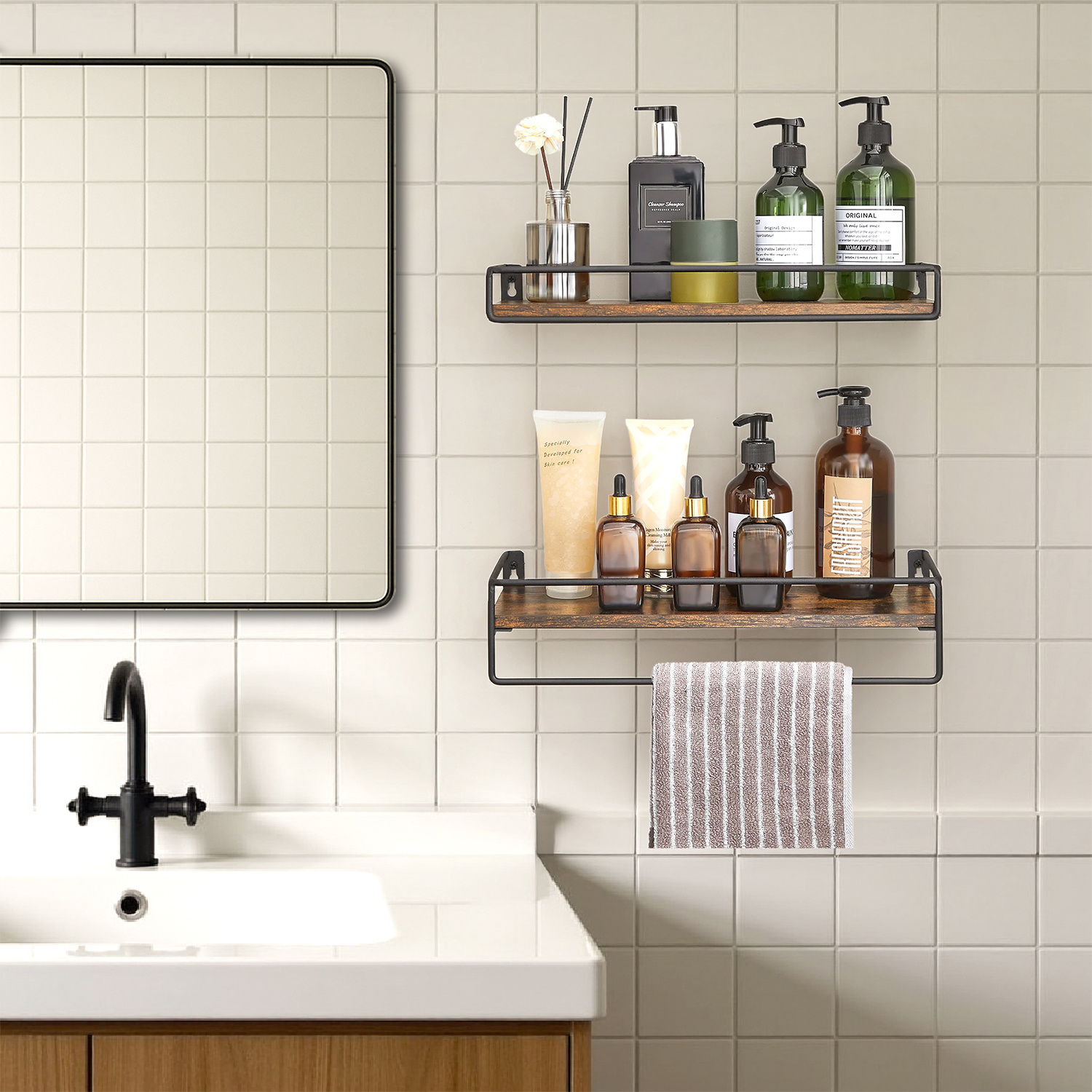 E-shop Gewürzregal 2er Set, Schweberegal mit Stange, Wandboard, Aufbewahrung, an der Wand, für Küche, Schlafzimmer, Wohnzimmer, vintagebraun-schwarz
