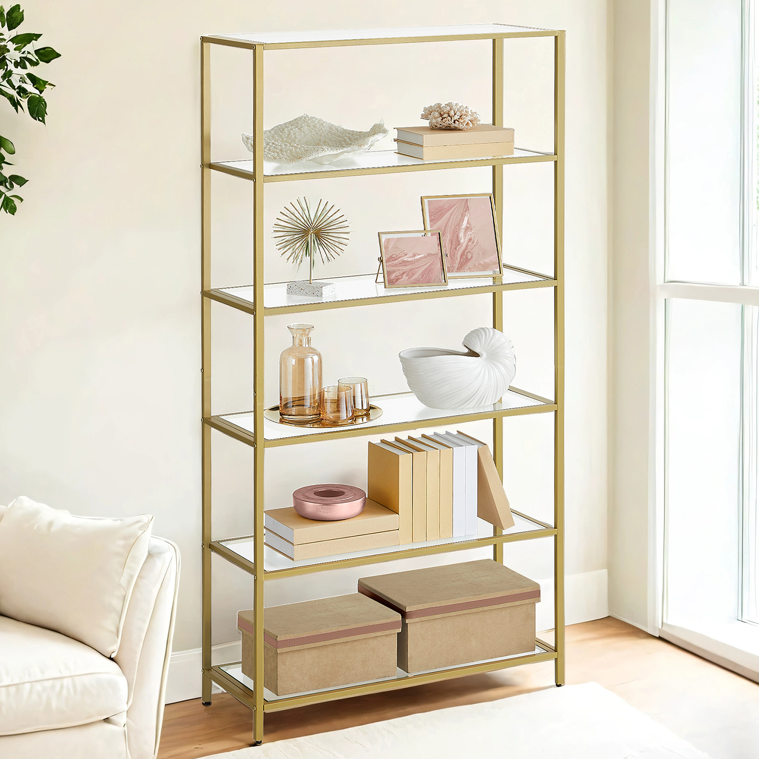 6-shelf Rack, Tempered Glass, Bathroom Shelf, Easy Assembly, For Bathroom, Living Room, Kitchen, Office, Transparent Gold