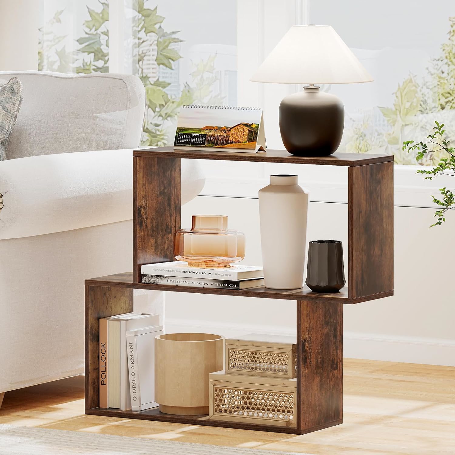 Image of Small Shelf 80 X 22 X 70 Cm, 2 Level Library, Narrow Shelf With 2 Open Compartments And Anti-slip Device