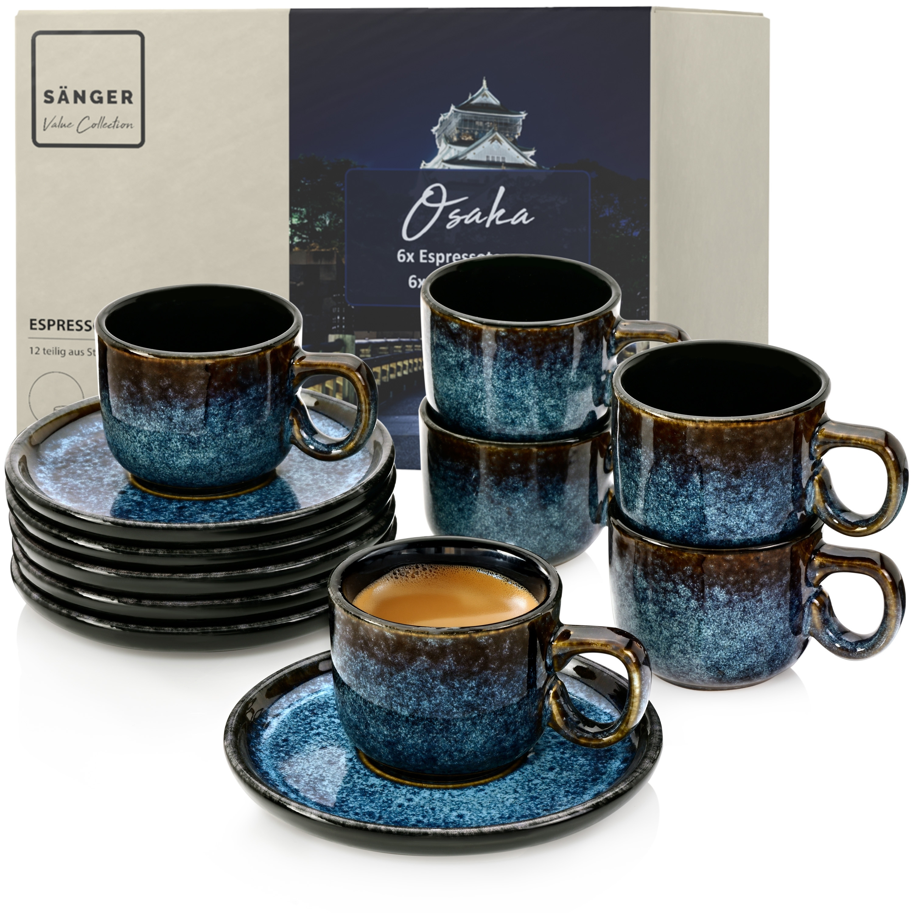 Image of Sänger Espresso Cup Set 12-piece In Dark Blue Stoneware | Value Collection