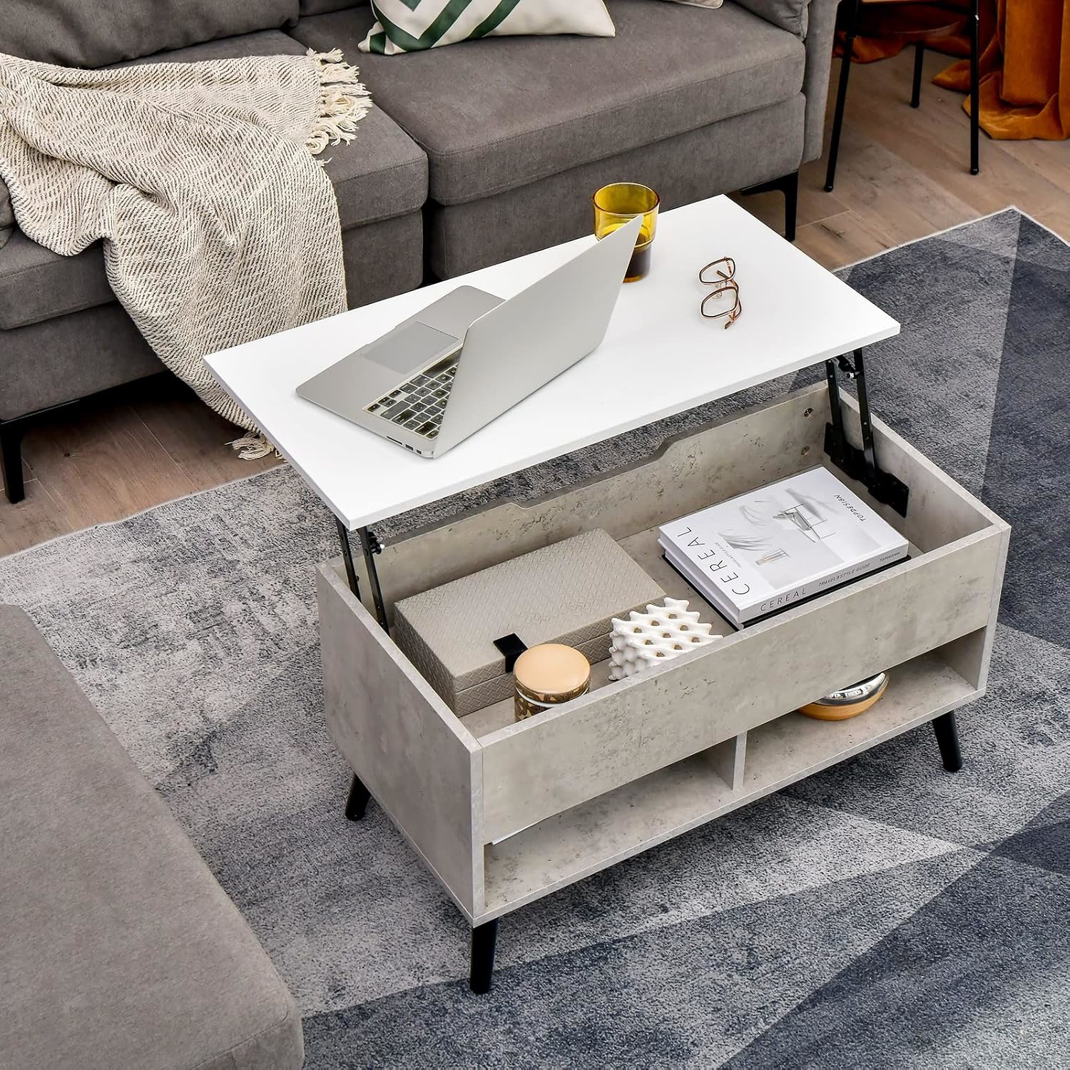 With Wooden Legs, 80 X 40 X 58 Cm, Low Sofa Table With 1 Compartment And 2 Open Shelves