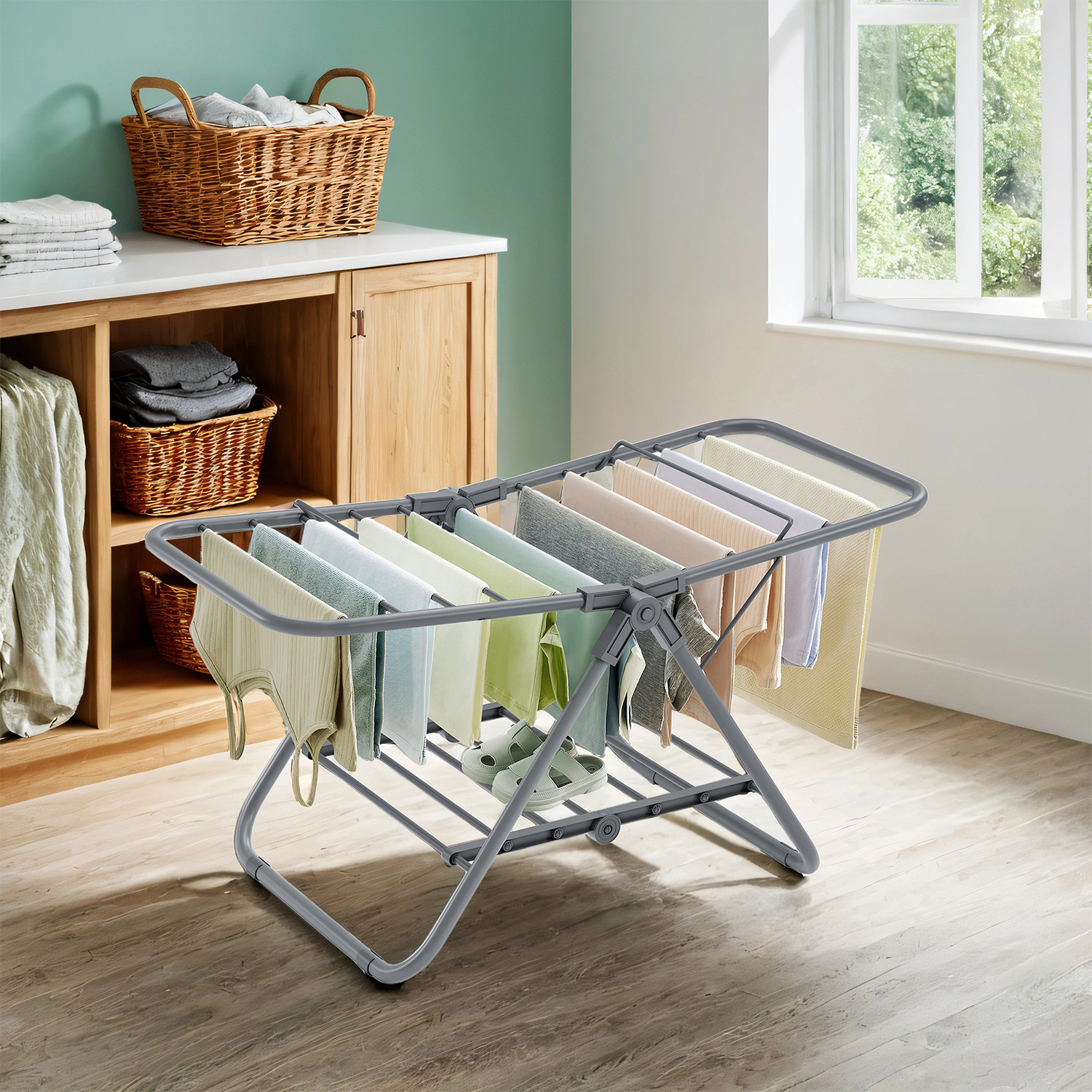 Image of Compact Folding Clothes Drying Rack With 2 Wings, Space- Metal Stand Dryer For Small Clothing, 44 X 101 X 54 Cm, White