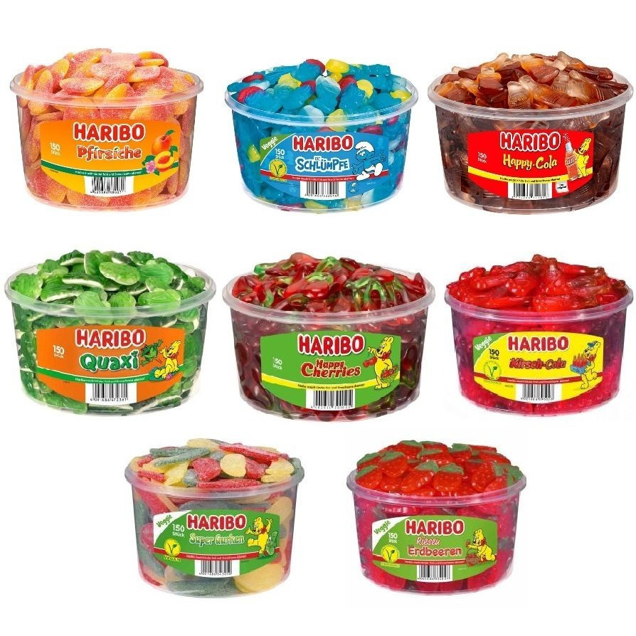 E-shop Haribo - Aktionspaket - 1200St ( 8 verschiedene Dosen ) 10005g Schlümpfe / Happy Cola / Happy Cherrie / Pfirsiche / Quaxi (Frösche) / Gurken /
