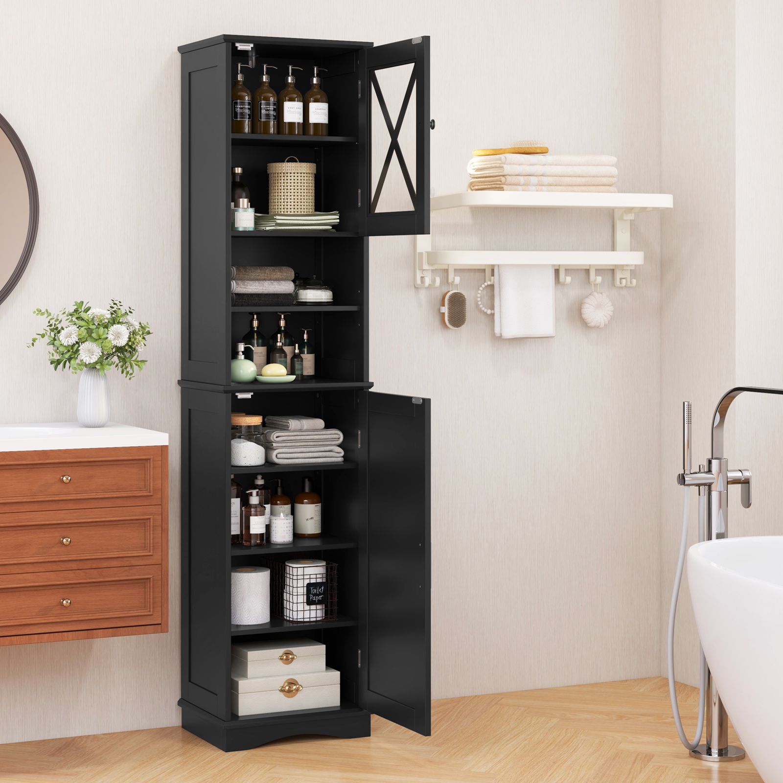 67" Tall Bathroom Cabinet, Floor Storage Cabinet With Acrylic Door And Adjustable Shelves