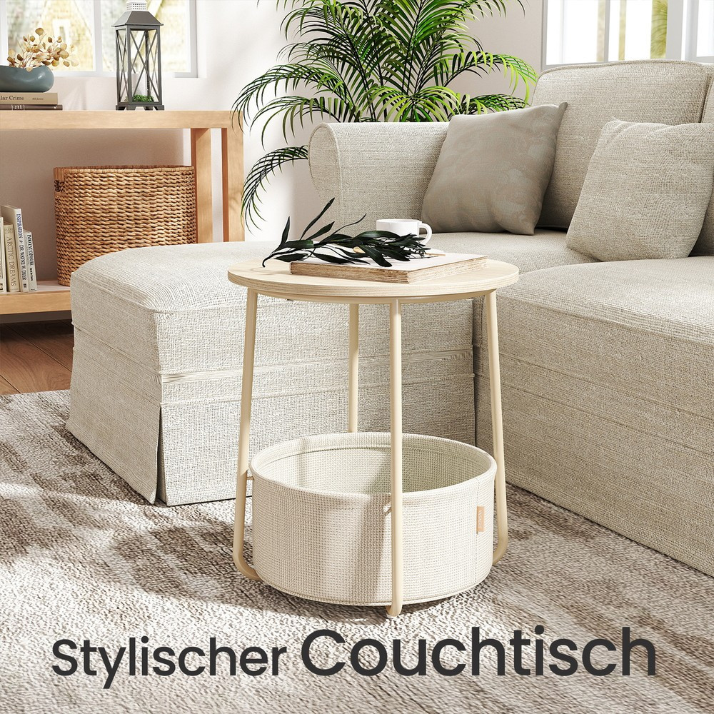 E-shop Beistelltisch rund, kleiner Tisch, Couchtisch klein, Wohnzimmertisch mit Stoffkorb, Stauraum für Wohnzimmer Schlafzimmer