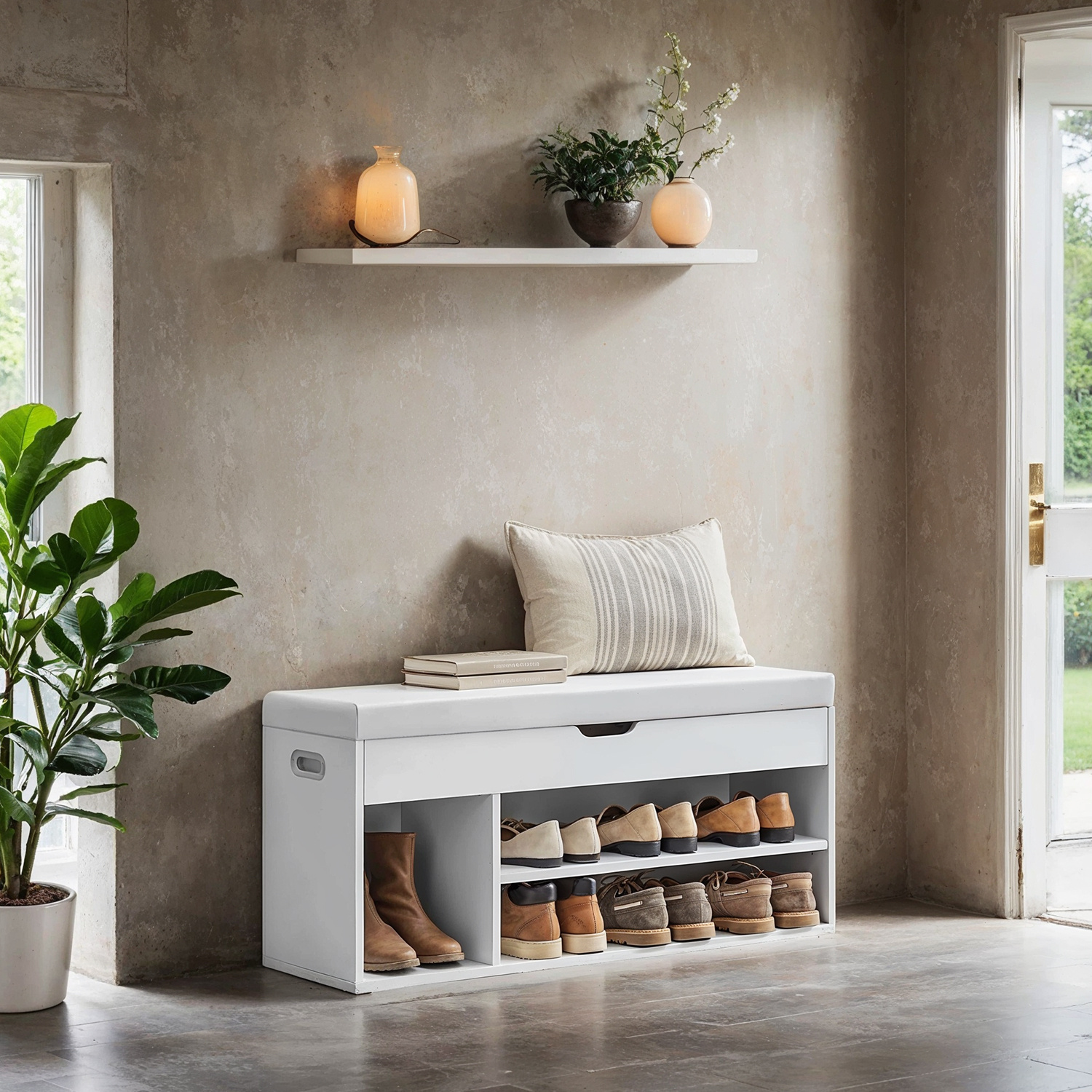Image of Shoe Bench With Storage, Padded Seat, And 3 Open Compartments