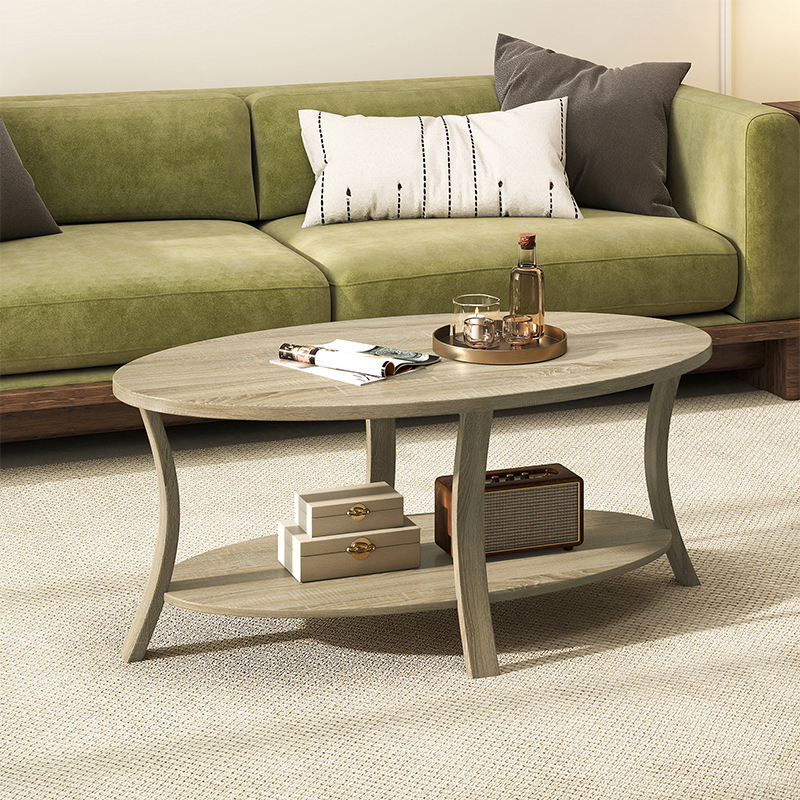 2 Level Coffee Table, Oval Dining Table With Curved Feet, Wood Grain Surface, Non-slip Slides